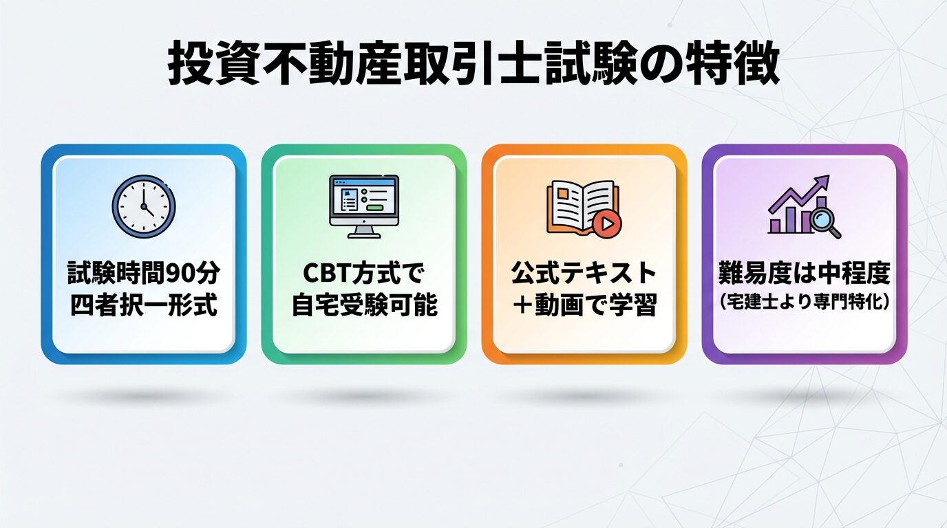 タイトル: 投資不動産取引士試験の特徴。4つの横並びカード。カード1（時計アイコン）: 試験時間90分・四者択一形式。カード2（PCアイコン）: CBT方式で自宅受験可能。カード3（本アイコン）: 公式テキスト+動画で学習。カード4（グラフアイコン）: 難易度は中程度（宅建士より専門特化）