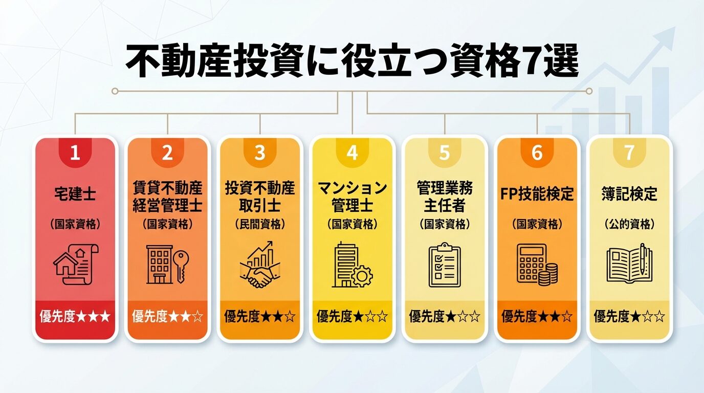 タイトル: 不動産投資に役立つ資格7選。7つの横並びカード配置。カード1: 宅建士（国家資格）優先度★★★。カード2: 賃貸不動産経営管理士（国家資格）優先度★★☆。カード3: 投資不動産取引士（民間資格）優先度★★☆。カード4: マンション管理士（国家資格）優先度★☆☆。カード5: 管理業務主任者（国家資格）優先度★☆☆。カード6: FP技能検定（国家資格）優先度★★☆。カード7: 簿記検定（公的資格）優先度★☆☆