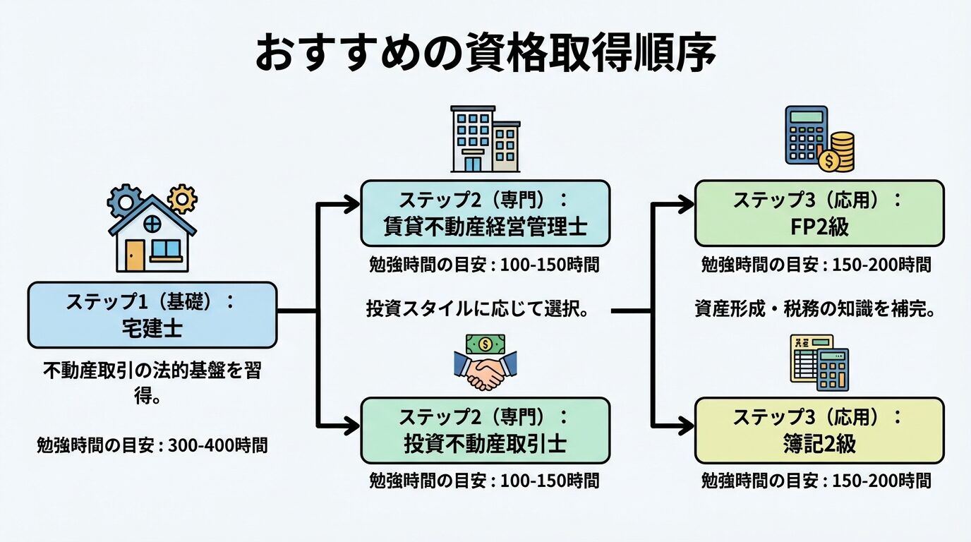 タイトル: おすすめの資格取得順序。フロー図形式。ステップ1（基礎）: 宅建士 - 不動産取引の法的基盤を習得。矢印。ステップ2（専門）: 賃貸不動産経営管理士 or 投資不動産取引士 - 投資スタイルに応じて選択。矢印。ステップ3（応用）: FP2級 or 簿記2級 - 資産形成・税務の知識を補完。各ステップに勉強時間の目安を記載: 宅建士300-400時間、賃貸不動産経営管理士100-150時間、FP2級150-200時間