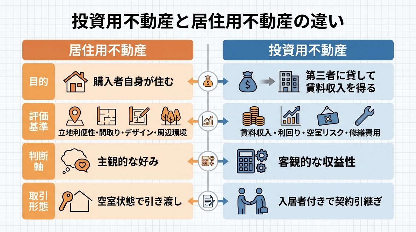 タイトル: 投資用不動産と居住用不動産の違い。左右2列の対比表。左列ヘッダー: 居住用不動産。項目1: 目的 - 購入者自身が住む。項目2: 評価基準 - 立地利便性・間取り・デザイン・周辺環境。項目3: 判断軸 - 主観的な好み。項目4: 取引形態 - 空室状態で引き渡し。右列ヘッダー: 投資用不動産。項目1: 目的 - 第三者に貸して賃料収入を得る。項目2: 評価基準 - 賃料収入・利回り・空室リスク・修繕費用。項目3: 判断軸 - 客観的な収益性。項目4: 取引形態 - 入居者付きで契約引継ぎ