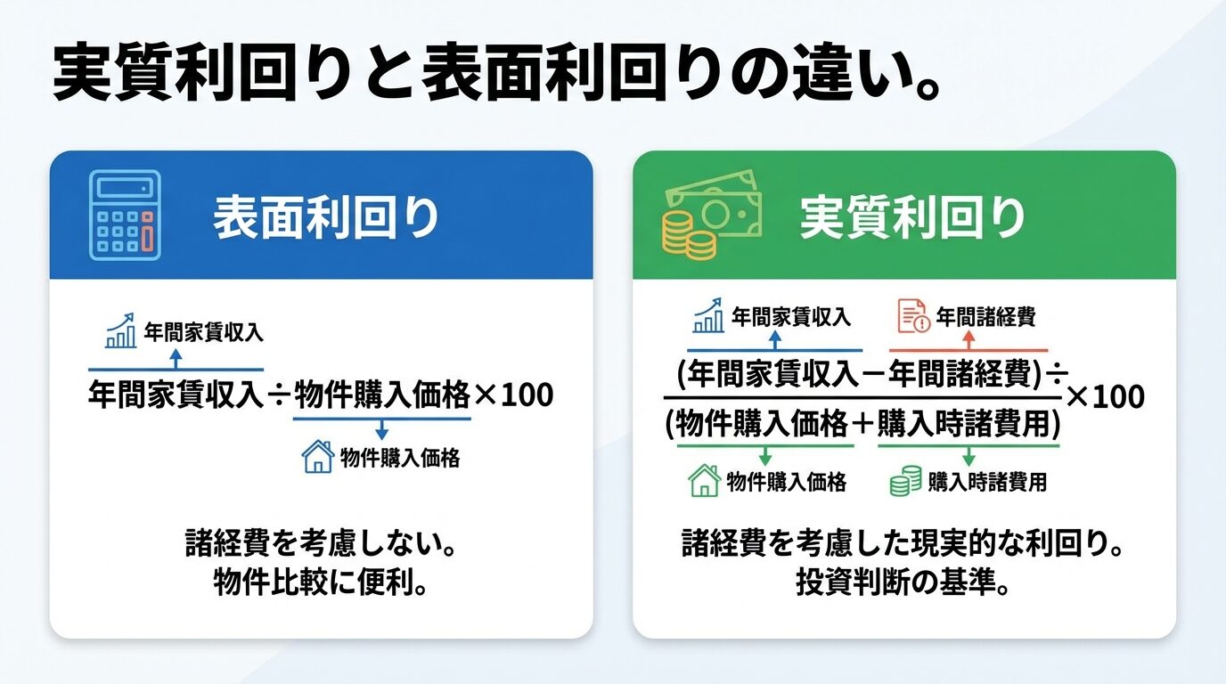 タイトル: 実質利回りと表面利回りの違い。横並び2カードで: カード1（電卓アイコン）ヘッダー: 表面利回り、説明: 年間家賃収入&divide;物件購入価格&times;100。諸経費を考慮しない。物件比較に便利。カード2（お金アイコン）ヘッダー: 実質利回り、説明: (年間家賃収入&minus;年間諸経費)&divide;(物件購入価格+購入時諸費用)&times;100。諸経費を考慮した現実的な利回り。投資判断の基準
