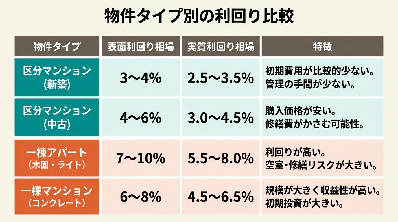 タイトル: 物件タイプ別の利回り比較。4行の表: ヘッダー行: 物件タイプ | 表面利回り相場 | 実質利回り相場 | 特徴。行1: 区分マンション(新築) | 3〜4% | 2.5〜3.5% | 初期費用が比較的少ない。管理の手間が少ない。行2: 区分マンション(中古) | 4〜6% | 3.0〜4.5% | 購入価格が安い。修繕費がかさむ可能性。行3: 一棟アパート | 7〜10% | 5.5〜8.0% | 利回りが高い。空室・修繕リスクが大きい。行4: 一棟マンション | 6〜8% | 4.5〜6.5% | 規模が大きく収益性が高い。初期投資が大きい