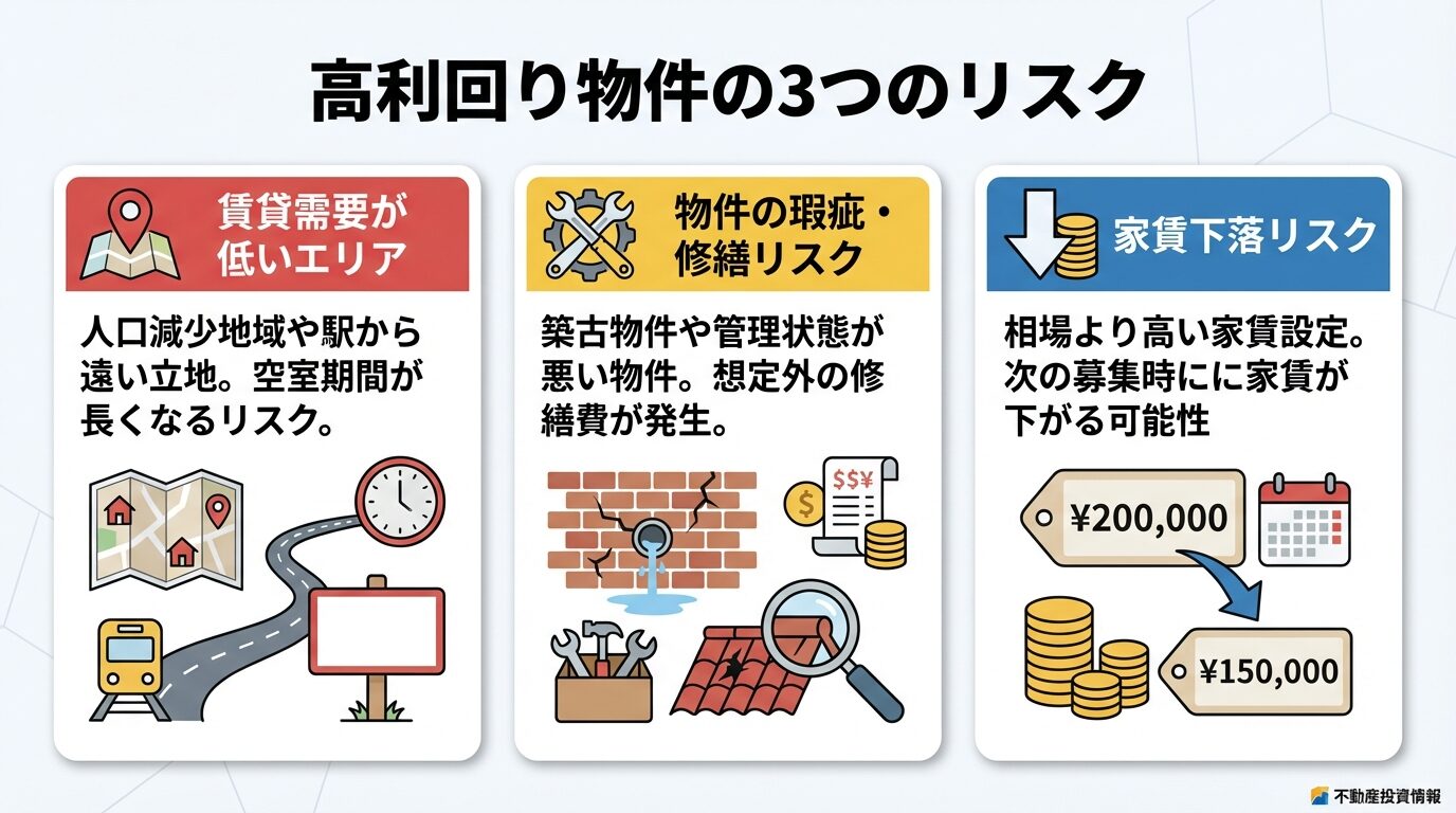 タイトル: 高利回り物件の3つのリスク。横並び3カードで: カード1（地図アイコン）ヘッダー: 賃貸需要が低いエリア、説明: 人口減少地域や駅から遠い立地。空室期間が長くなるリスク。カード2（工具アイコン）ヘッダー: 物件の瑕疵・修繕リスク、説明: 築古物件や管理状態が悪い物件。想定外の修繕費が発生。カード3（下矢印アイコン）ヘッダー: 家賃下落リスク、説明: 相場より高い家賃設定。次の募集時に家賃が下がる可能性