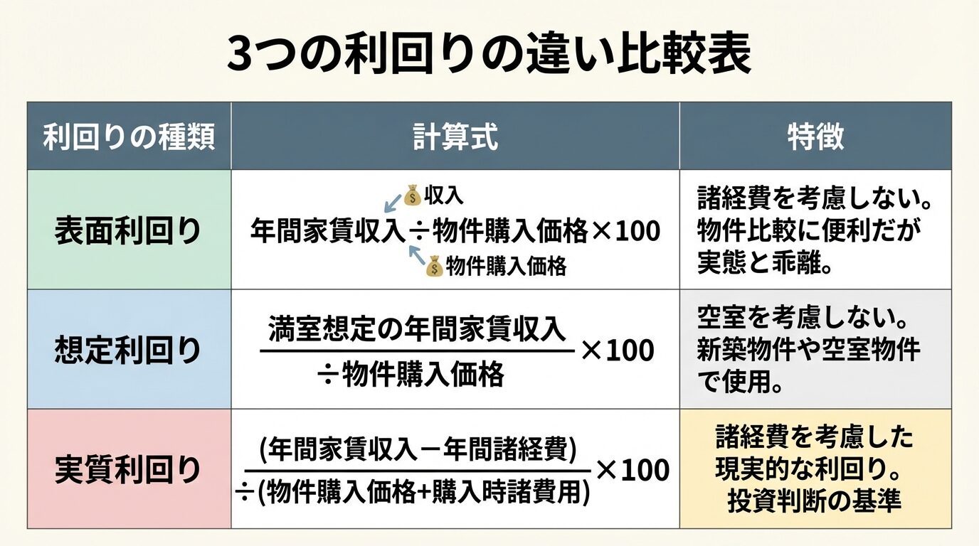タイトル: 3つの利回りの違い比較表。3列の表: ヘッダー行: 利回りの種類 | 計算式 | 特徴。行1: 表面利回り | 年間家賃収入&divide;物件購入価格&times;100 | 諸経費を考慮しない。物件比較に便利だが実態と乖離。行2: 想定利回り | 満室想定の年間家賃収入&divide;物件購入価格&times;100 | 空室を考慮しない。新築物件や空室物件で使用。行3: 実質利回り | (年間家賃収入&minus;年間諸経費)&divide;(物件購入価格+購入時諸費用)&times;100 | 諸経費を考慮した現実的な利回り。投資判断の基準