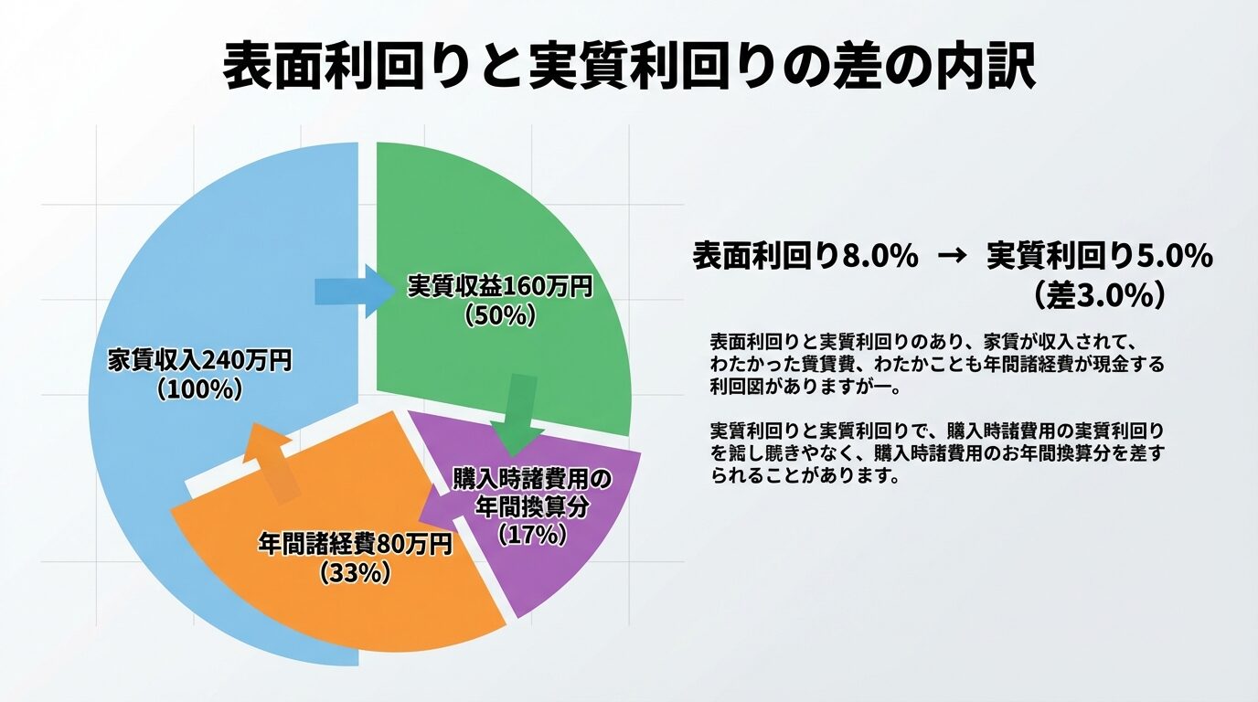 タイトル: 表面利回りと実質利回りの差の内訳。円グラフで: 家賃収入240万円(100%)から、年間諸経費80万円(33%)、購入時諸費用の年間換算分(17%)を差し引いた実質収益160万円(50%)を視覚化。注釈: 表面利回り8.0% &rarr; 実質利回り5.0%(差3.0%)