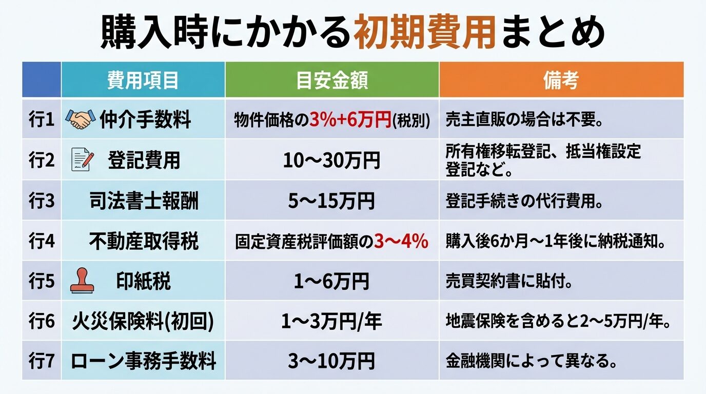 タイトル: 購入時にかかる初期費用まとめ。7行の表: ヘッダー行: 費用項目 | 目安金額 | 備考。行1: 仲介手数料 | 物件価格の3%+6万円(税別) | 売主直販の場合は不要。行2: 登記費用 | 10〜30万円 | 所有権移転登記、抵当権設定登記など。行3: 司法書士報酬 | 5〜15万円 | 登記手続きの代行費用。行4: 不動産取得税 | 固定資産税評価額の3〜4% | 購入後6か月〜1年後に納税通知。行5: 印紙税 | 1〜6万円 | 売買契約書に貼付。行6: 火災保険料(初回) | 1〜3万円/年 | 地震保険を含めると2〜5万円/年。行7: ローン事務手数料 | 3〜10万円 | 金融機関によって異なる