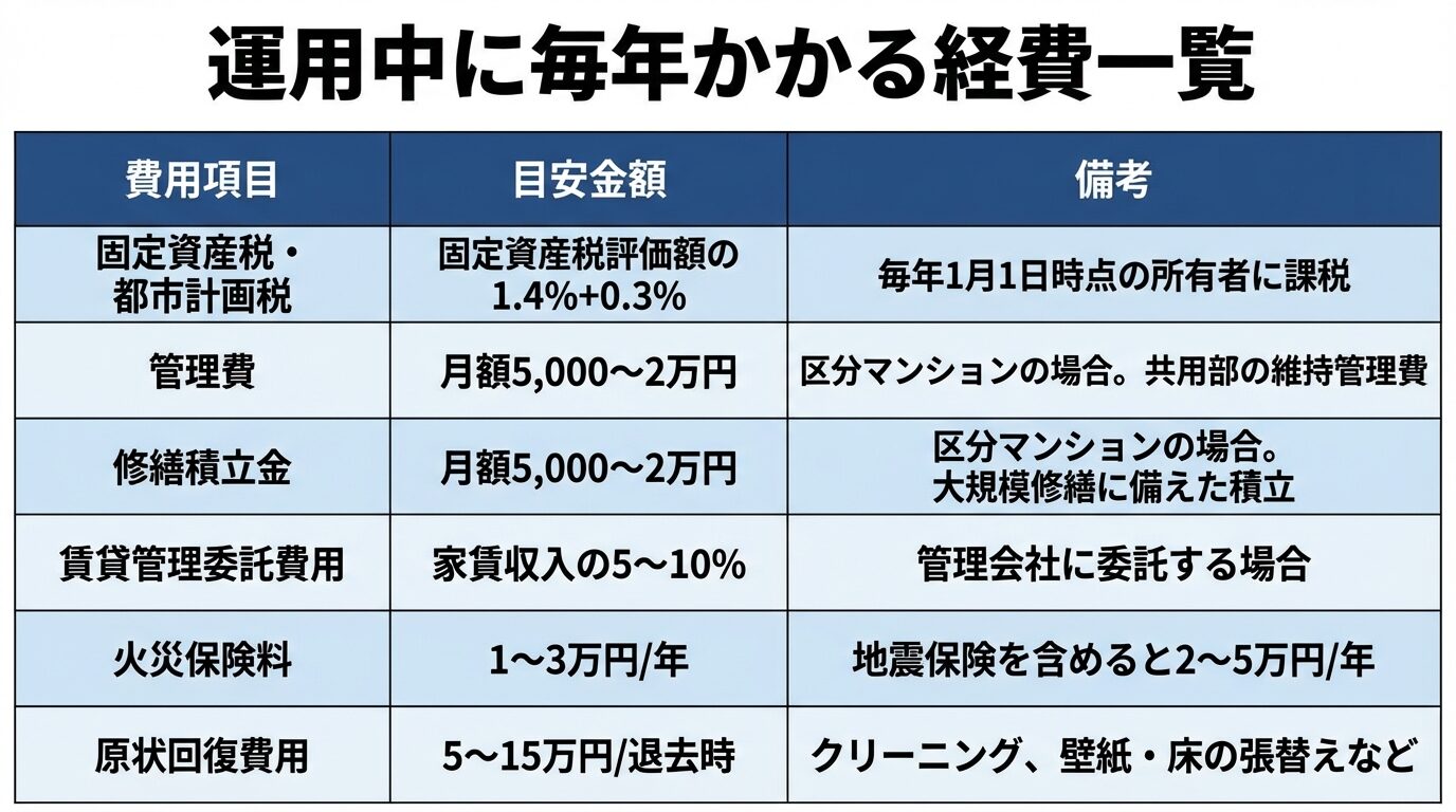タイトル: 運用中に毎年かかる経費一覧。6行の表: ヘッダー行: 費用項目 | 目安金額 | 備考。行1: 固定資産税・都市計画税 | 固定資産税評価額の1.4%+0.3% | 毎年1月1日時点の所有者に課税。行2: 管理費 | 月額5,000〜2万円 | 区分マンションの場合。共用部の維持管理費。行3: 修繕積立金 | 月額5,000〜2万円 | 区分マンションの場合。大規模修繕に備えた積立。行4: 賃貸管理委託費用 | 家賃収入の5〜10% | 管理会社に委託する場合。行5: 火災保険料 | 1〜3万円/年 | 地震保険を含めると2〜5万円/年。行6: 原状回復費用 | 5〜15万円/退去時 | クリーニング、壁紙・床の張替えなど