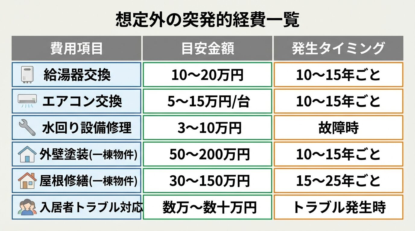 タイトル: 想定外の突発的経費一覧。6行の表: ヘッダー行: 費用項目 | 目安金額 | 発生タイミング。行1: 給湯器交換 | 10〜20万円 | 10〜15年ごと。行2: エアコン交換 | 5〜15万円/台 | 10〜15年ごと。行3: 水回り設備修理 | 3〜10万円 | 故障時。行4: 外壁塗装(一棟物件) | 50〜200万円 | 10〜15年ごと。行5: 屋根修繕(一棟物件) | 30〜150万円 | 15〜25年ごと。行6: 入居者トラブル対応 | 数万〜数十万円 | トラブル発生時