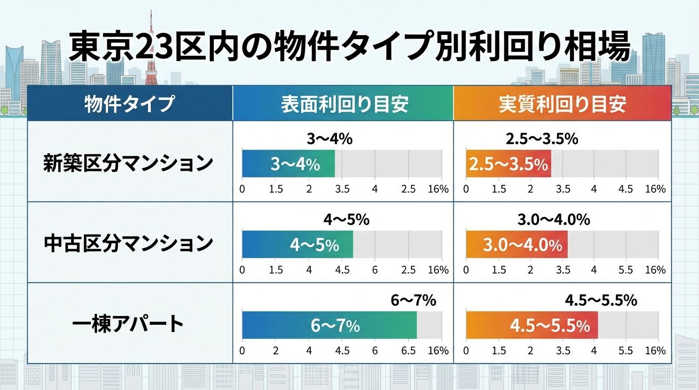 タイトル: 東京23区内の物件タイプ別利回り相場。3行の表: ヘッダー行: 物件タイプ | 表面利回り目安 | 実質利回り目安。行1: 新築区分マンション | 3〜4% | 2.5〜3.5%。行2: 中古区分マンション | 4〜5% | 3.0〜4.0%。行3: 一棟アパート | 6〜7% | 4.5〜5.5%