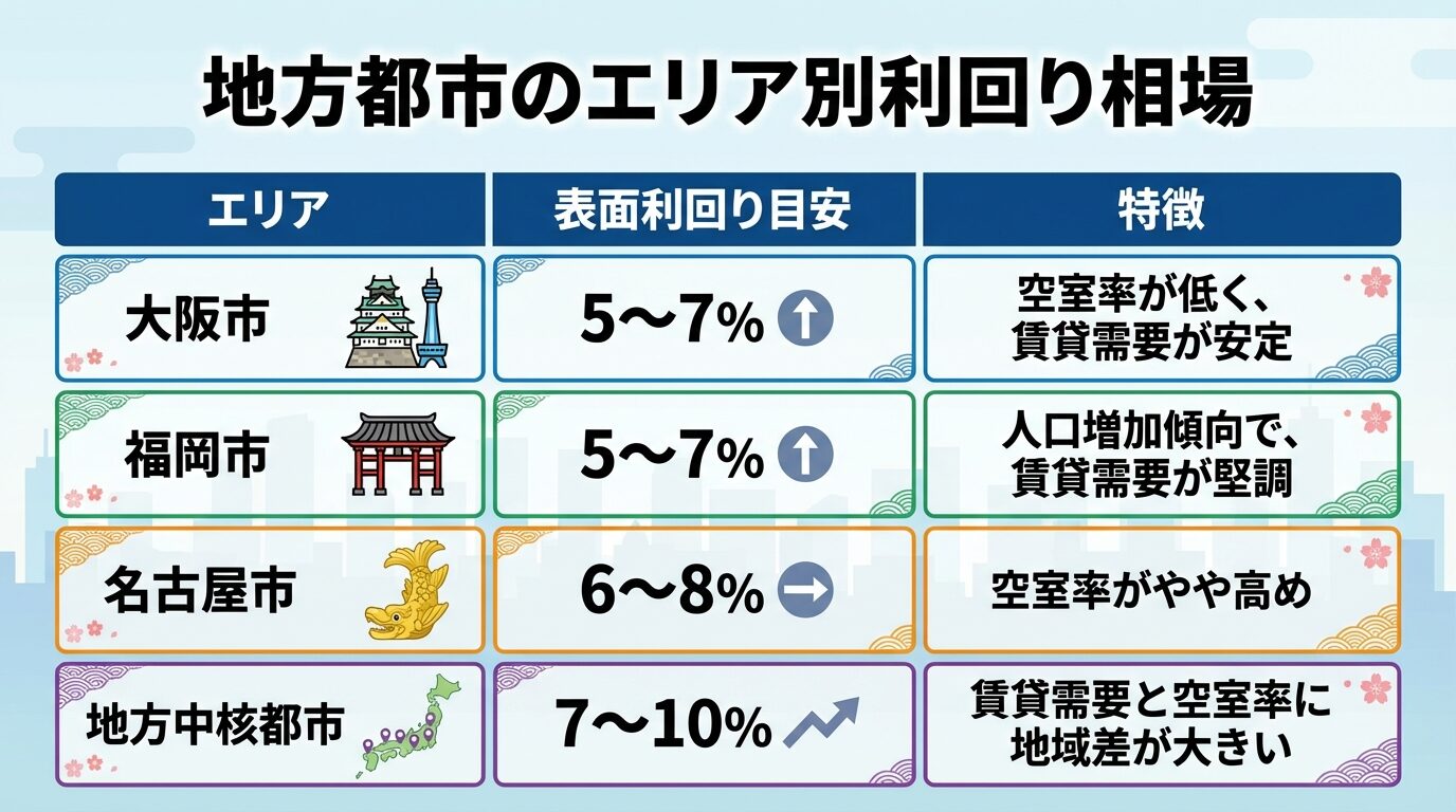タイトル: 地方都市のエリア別利回り相場。4行の表: ヘッダー行: エリア | 表面利回り目安 | 特徴。行1: 大阪市 | 5〜7% | 空室率が低く、賃貸需要が安定。行2: 福岡市 | 5〜7% | 人口増加傾向で、賃貸需要が堅調。行3: 名古屋市 | 6〜8% | 空室率がやや高め。行4: 地方中核都市 | 7〜10% | 賃貸需要と空室率に地域差が大きい