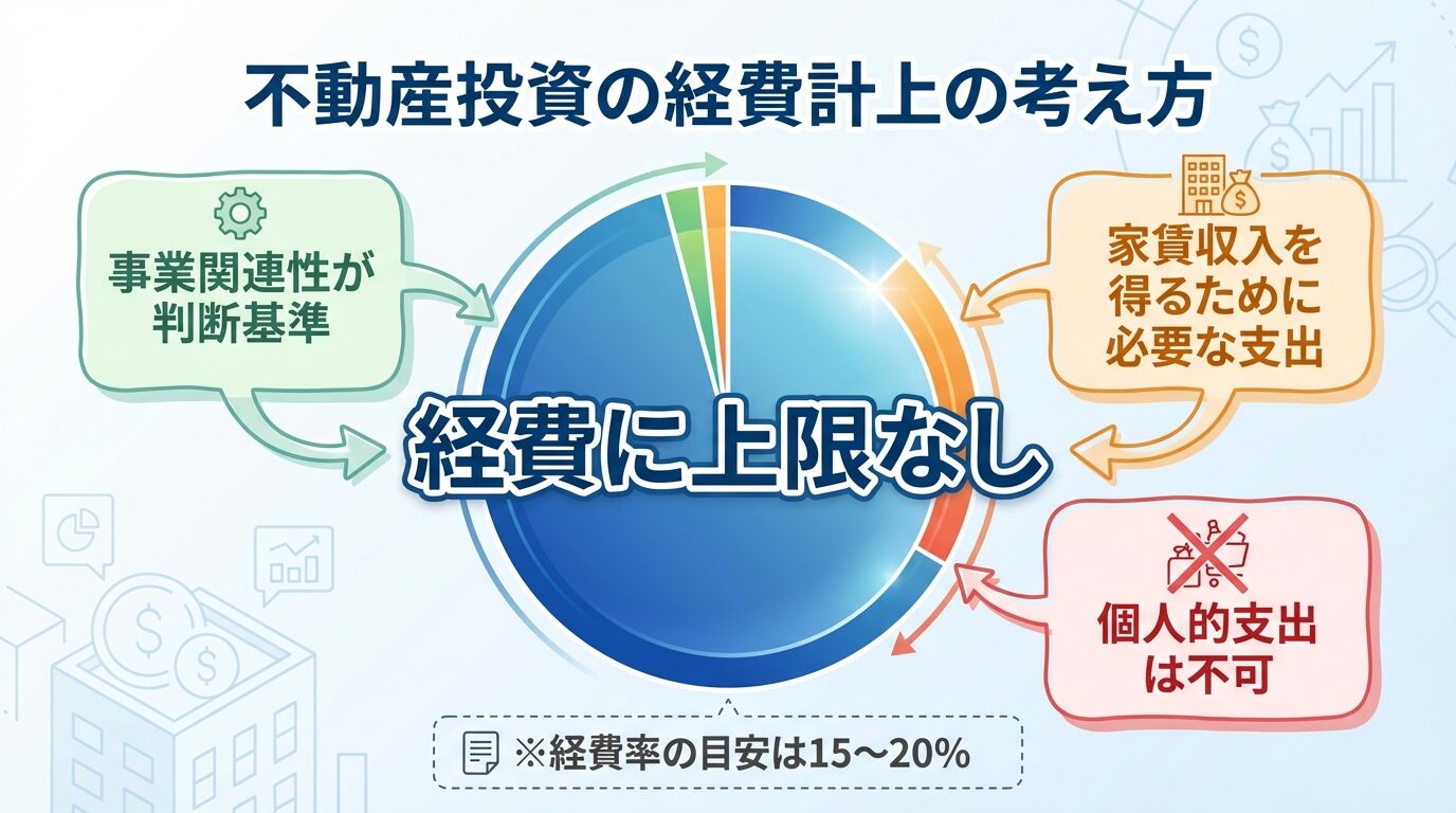 タイトル: 不動産投資の経費計上の考え方。中央に大きな円グラフで「経費に上限なし」と表示。その周囲に3つの吹き出しを配置: 吹き出し1「事業関連性が判断基準」、吹き出し2「家賃収入を得るために必要な支出」、吹き出し3「個人的支出は不可」。下部に注意書き: ※経費率の目安は15〜20%