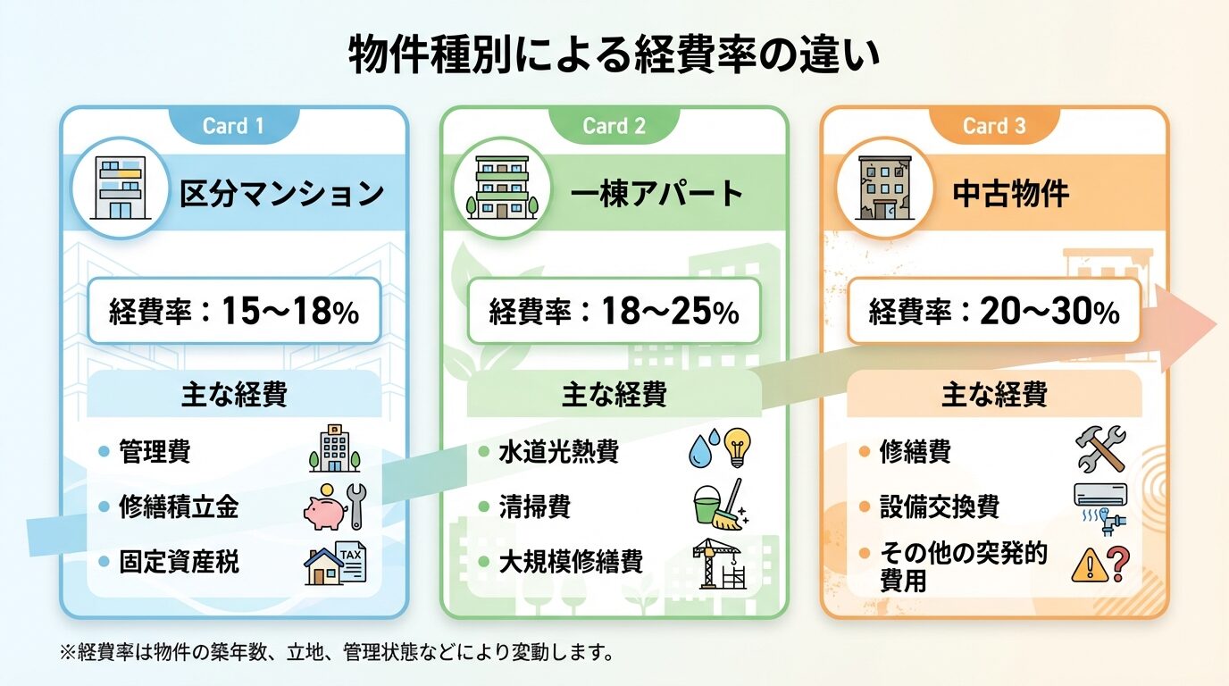 タイトル: 物件種別による経費率の違い。横並び3カードで比較: カード1(マンションアイコン)ヘッダー: 区分マンション、経費率: 15〜18%、主な経費: 管理費・修繕積立金・固定資産税。カード2(アパートアイコン)ヘッダー: 一棟アパート、経費率: 18〜25%、主な経費: 水道光熱費・清掃費・大規模修繕費。カード3(ビルアイコン)ヘッダー: 中古物件、経費率: 20〜30%、主な経費: 修繕費・設備交換費