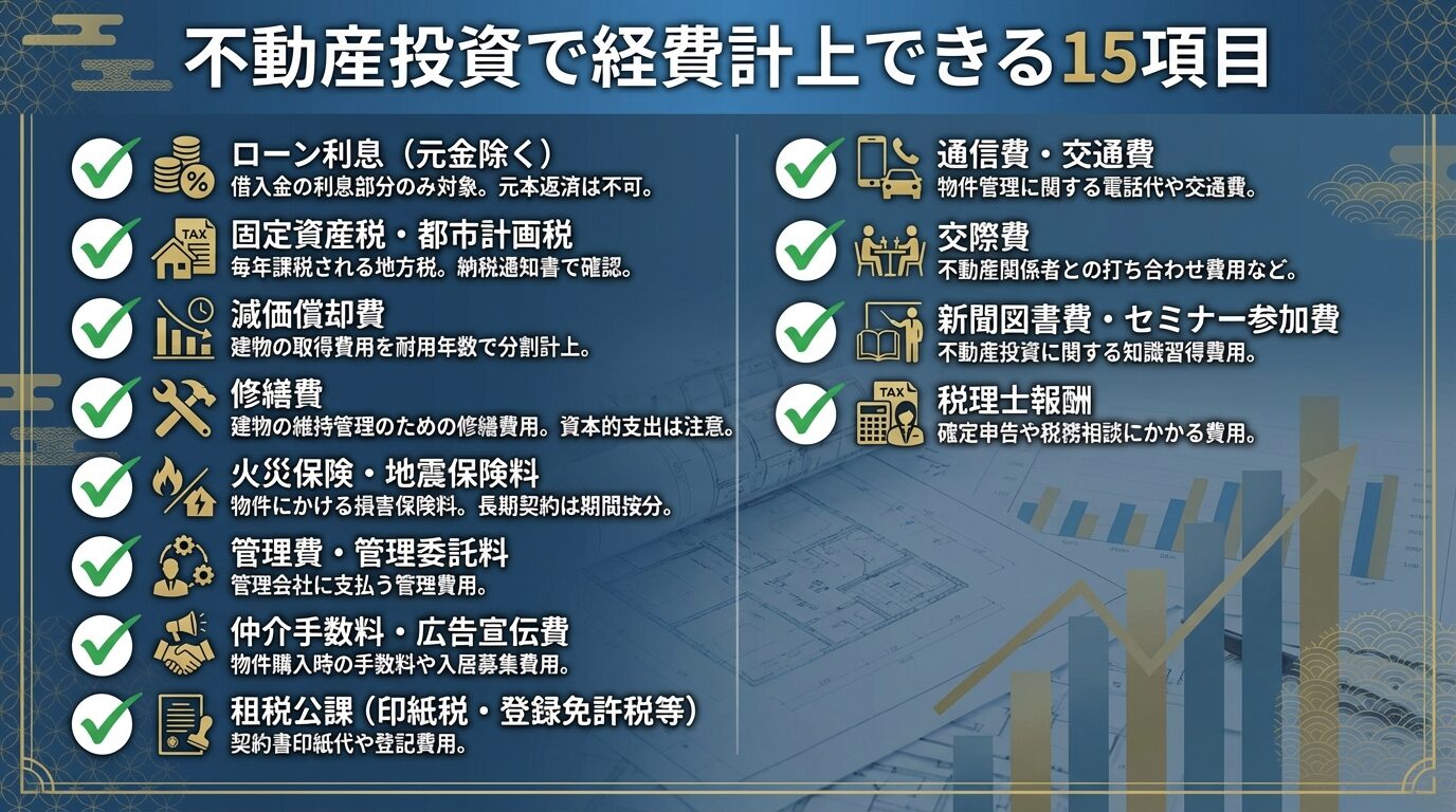 タイトル: 不動産投資で経費計上できる15項目。縦に並ぶチェックリスト形式で: ✓ローン利息(元金除く)、✓固定資産税・都市計画税、✓減価償却費、✓修繕費、✓火災保険・地震保険料、✓管理費・管理委託料、✓仲介手数料・広告宣伝費、✓租税公課(印紙税・登録免許税等)、✓通信費・交通費、✓交際費、✓新聞図書費・セミナー参加費、✓税理士報酬。各項目の横に簡潔な説明を添える