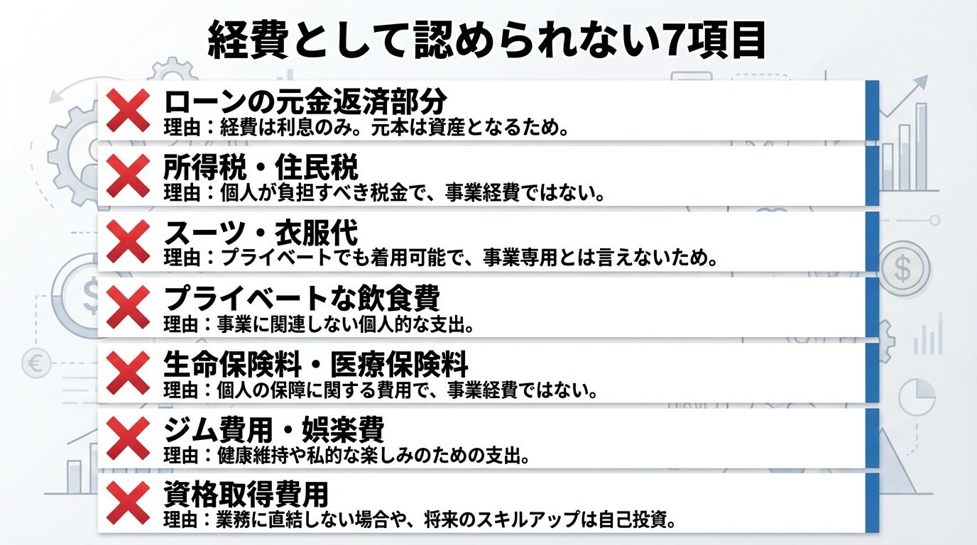 タイトル: 経費として認められない7項目。縦に並ぶ禁止マーク付きリストで: ✗ローンの元金返済部分、✗所得税・住民税、✗スーツ・衣服代、✗プライベートな飲食費、✗生命保険料・医療保険料、✗ジム費用・娯楽費、✗資格取得費用。各項目に赤い×印と理由を簡潔に添える