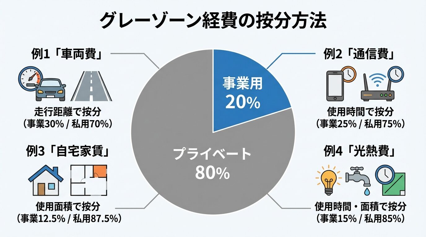 タイトル: グレーゾーン経費の按分方法。中央に円グラフで「事業用」と「プライベート」に分割。周囲に4つの例を配置: 例1「車両費: 走行距離で按分(事業30% / 私用70%)」、例2「通信費: 使用時間で按分(事業25% / 私用75%)」、例3「自宅家賃: 使用面積で按分(事業12.5% / 私用87.5%)」、例4「光熱費: 使用時間・面積で按分(事業15% / 私用85%)」