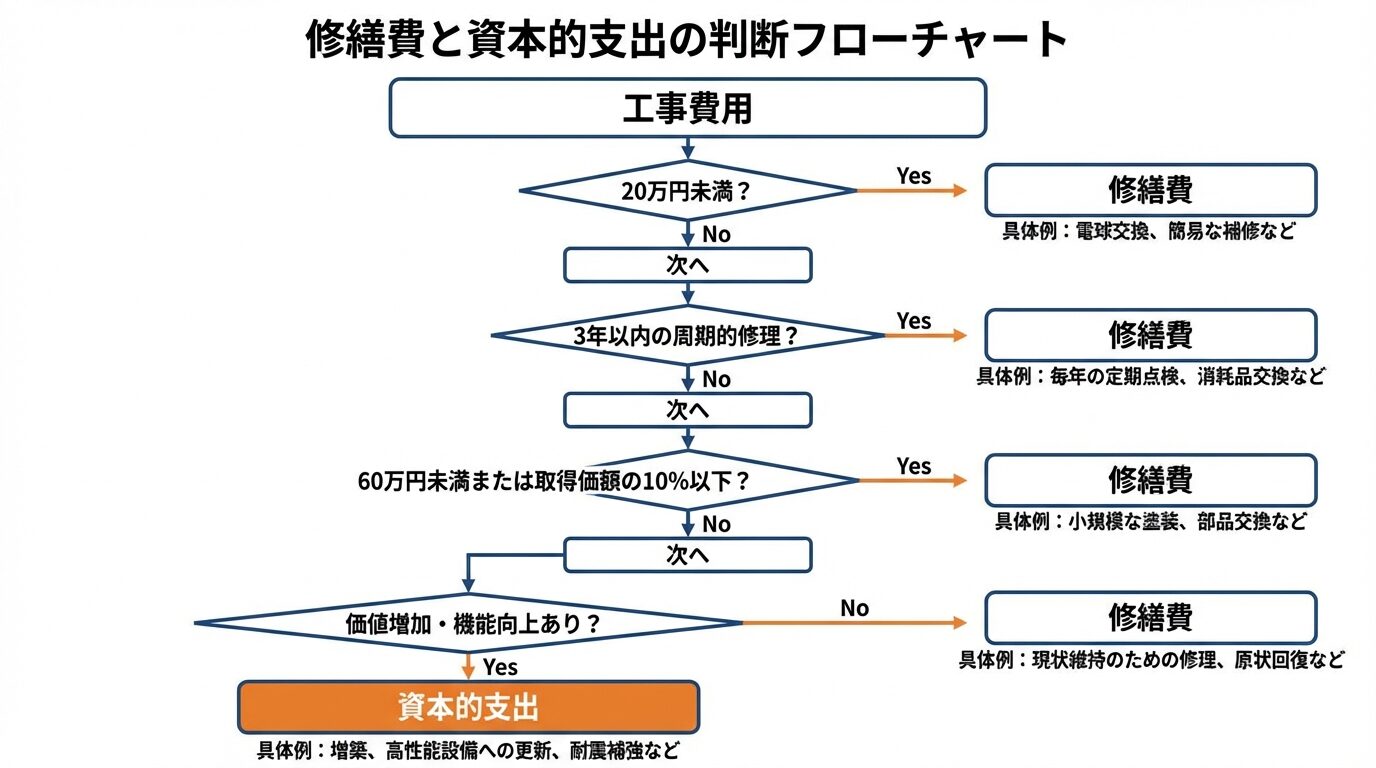 タイトル: 修繕費と資本的支出の判断フローチャート。上部に「工事費用」から開始。第1分岐「20万円未満?」→Yes: 修繕費、No: 次へ。第2分岐「3年以内の周期的修理?」→Yes: 修繕費、No: 次へ。第3分岐「60万円未満または取得価額の10%以下?」→Yes: 修繕費、No: 次へ。第4分岐「価値増加・機能向上あり?」→Yes: 資本的支出、No: 修繕費。各分岐に具体例を添える