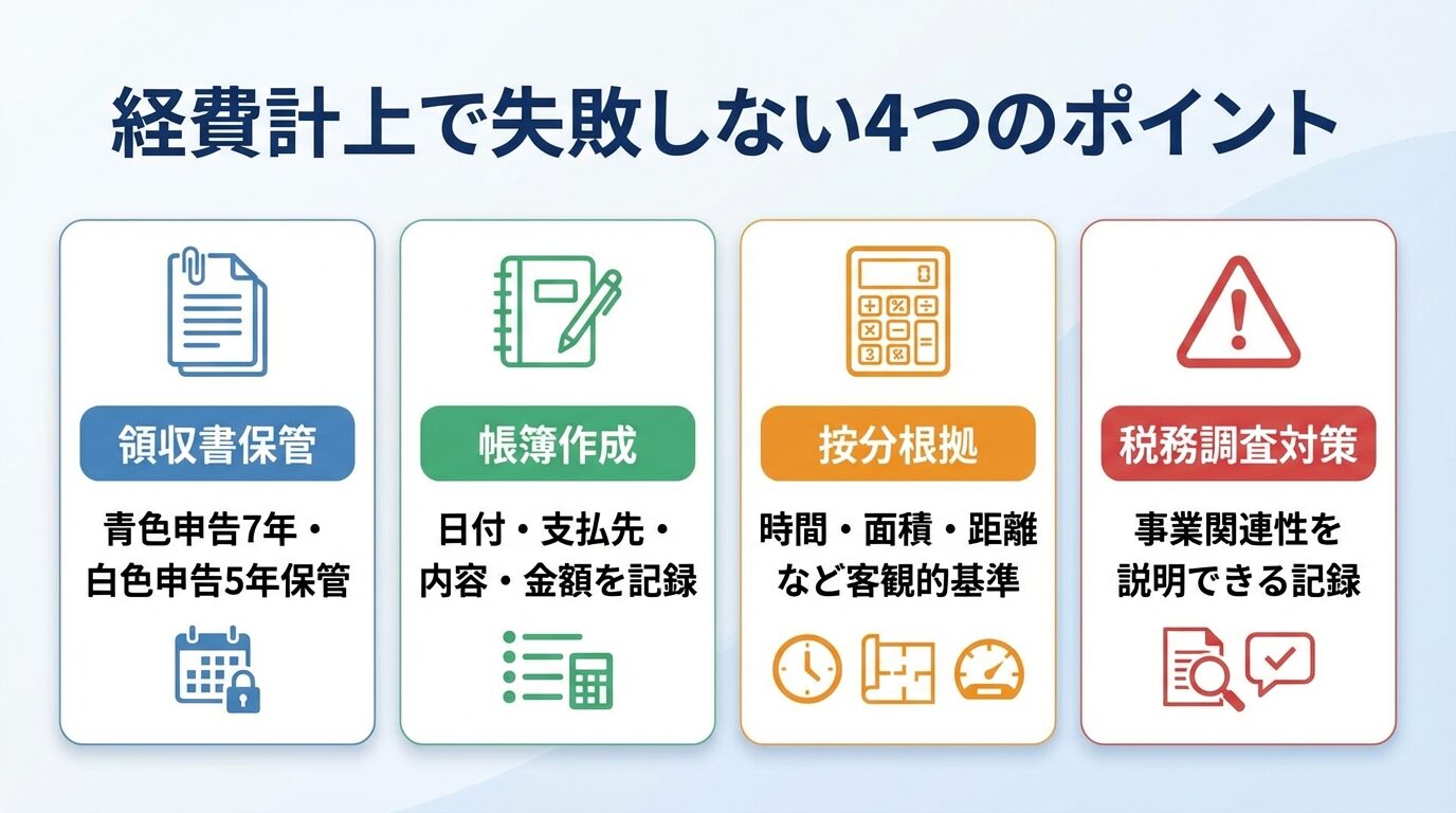 タイトル: 経費計上で失敗しない4つのポイント。4つのカードを横並びで配置: カード1(書類アイコン)ヘッダー: 領収書保管、内容: 青色申告7年・白色申告5年保管。カード2(帳簿アイコン)ヘッダー: 帳簿作成、内容: 日付・支払先・内容・金額を記録。カード3(計算機アイコン)ヘッダー: 按分根拠、内容: 時間・面積・距離など客観的基準。カード4(警告アイコン)ヘッダー: 税務調査対策、内容: 事業関連性を説明できる記録