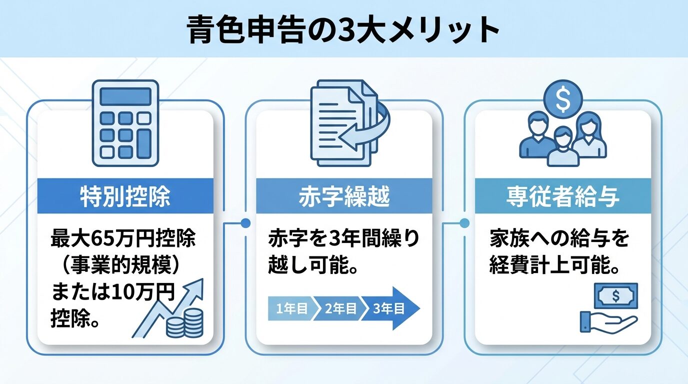 タイトル: 青色申告の3大メリット。横並び3カードで: カード1(電卓アイコン)ヘッダー: 特別控除、内容: 最大65万円控除(事業的規模)または10万円控除。カード2(書類アイコン)ヘッダー: 赤字繰越、内容: 赤字を3年間繰り越し可能。カード3(人物アイコン)ヘッダー: 専従者給与、内容: 家族への給与を経費計上可能