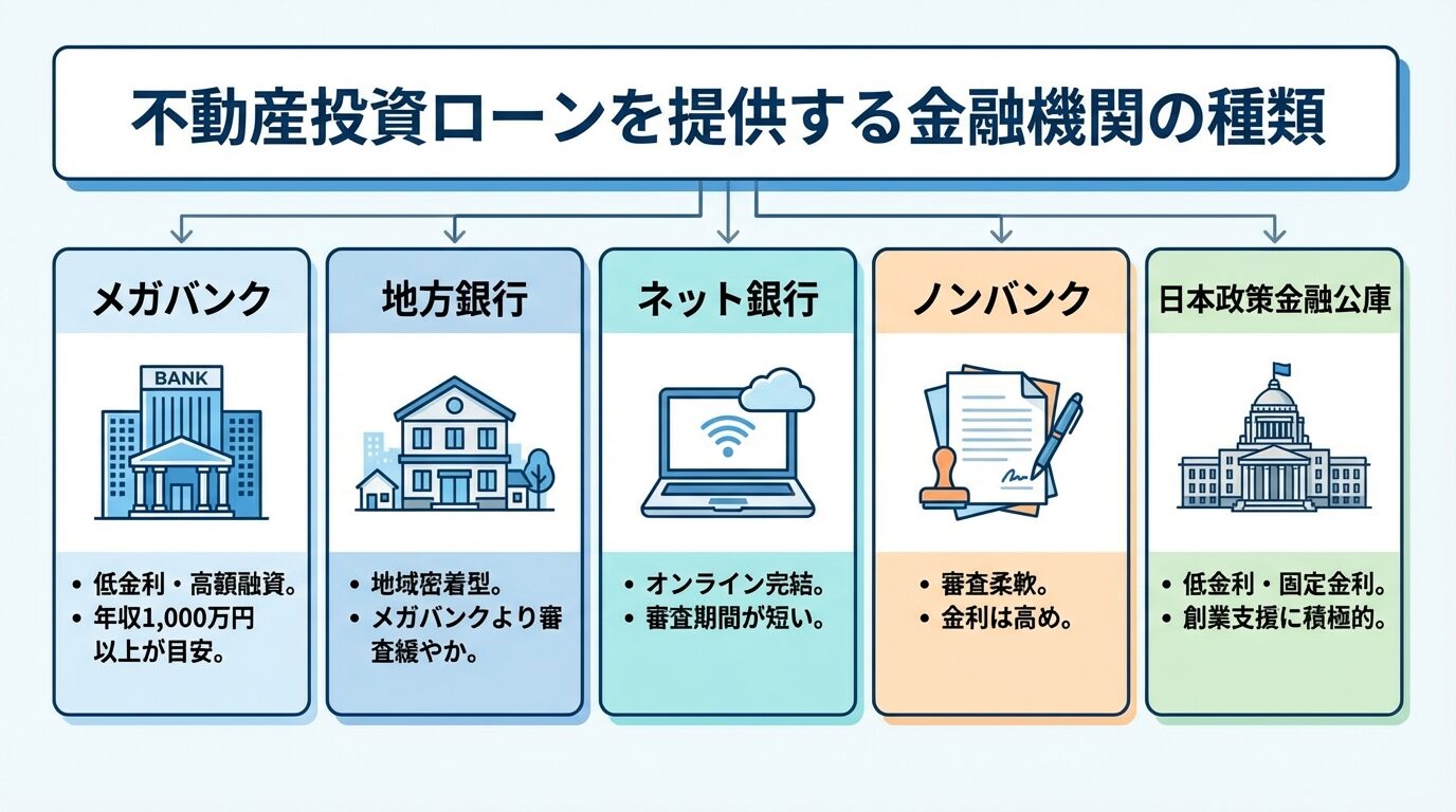 タイトル: 不動産投資ローンを提供する金融機関の種類。横並び5カードで: カード1（銀行ビルのアイコン）ヘッダー: メガバンク、説明: 低金利・高額融資。年収1,000万円以上が目安。カード2（地域ビルのアイコン）ヘッダー: 地方銀行、説明: 地域密着型。メガバンクより審査緩やか。カード3（パソコンのアイコン）ヘッダー: ネット銀行、説明: オンライン完結。審査期間が短い。カード4（書類のアイコン）ヘッダー: ノンバンク、説明: 審査柔軟。金利は高め。カード5（政府ビルのアイコン）ヘッダー: 日本政策金融公庫、説明: 低金利・固定金利。創業支援に積極的