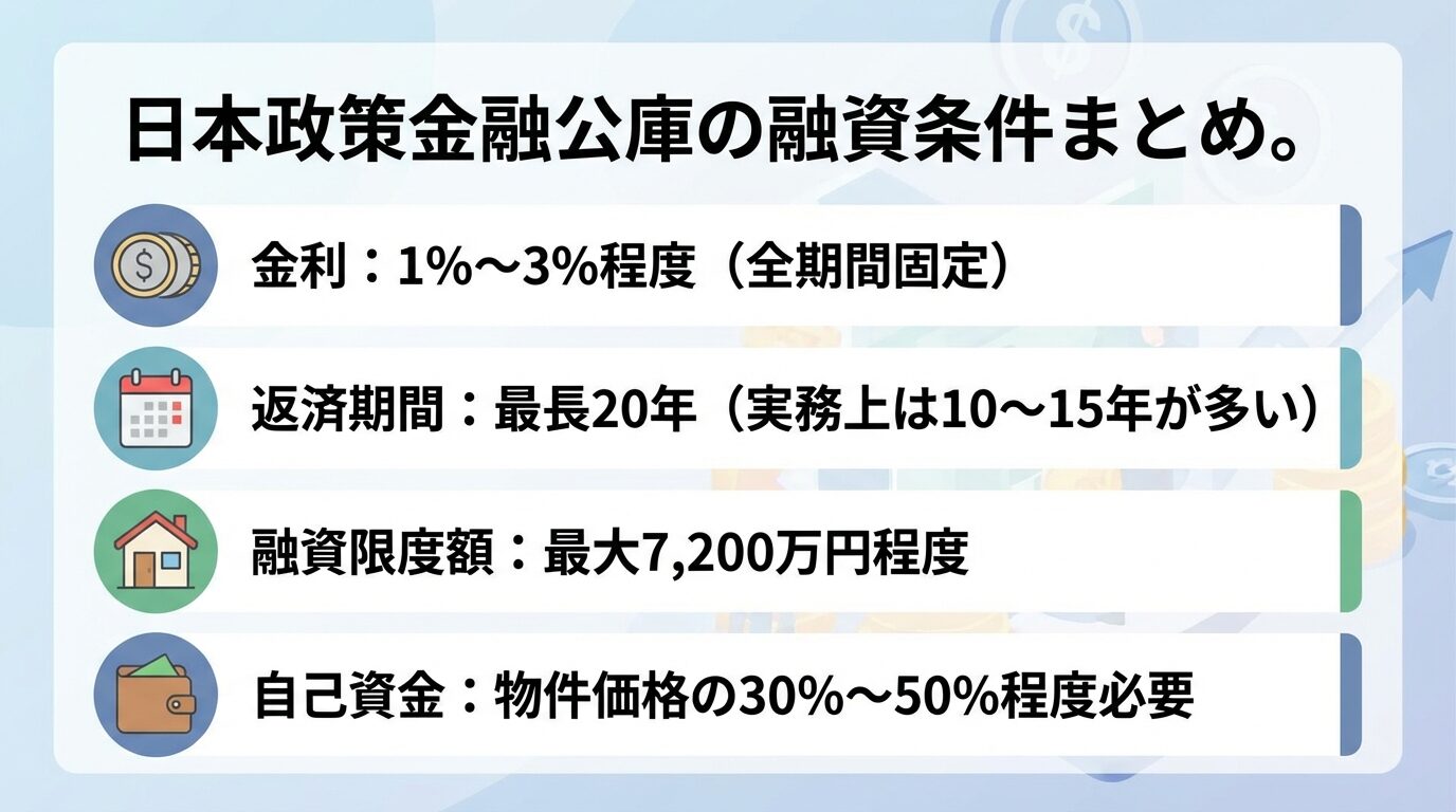 タイトル: 日本政策金融公庫の融資条件まとめ。4つの項目を縦に並べたリスト形式: 項目1（コインのアイコン）金利: 1%〜3%程度（全期間固定）。項目2（カレンダーのアイコン）返済期間: 最長20年（実務上は10〜15年が多い）。項目3（家のアイコン）融資限度額: 最大7,200万円程度。項目4（財布のアイコン）自己資金: 物件価格の30%〜50%程度必要