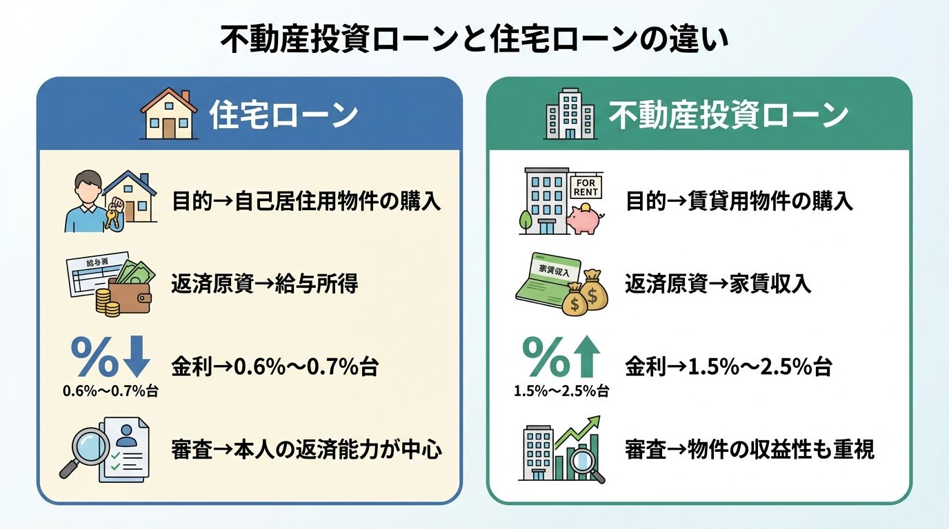 タイトル: 不動産投資ローンと住宅ローンの違い。左右2列の比較カード形式で: 左カード（家のアイコン）ヘッダー: 住宅ローン、項目1: 目的&rarr;自己居住用物件の購入、項目2: 返済原資&rarr;給与所得、項目3: 金利&rarr;0.6%〜0.7%台、項目4: 審査&rarr;本人の返済能力が中心。右カード（ビルのアイコン）ヘッダー: 不動産投資ローン、項目1: 目的&rarr;賃貸用物件の購入、項目2: 返済原資&rarr;家賃収入、項目3: 金利&rarr;1.5%〜2.5%台、項目4: 審査&rarr;物件の収益性も重視