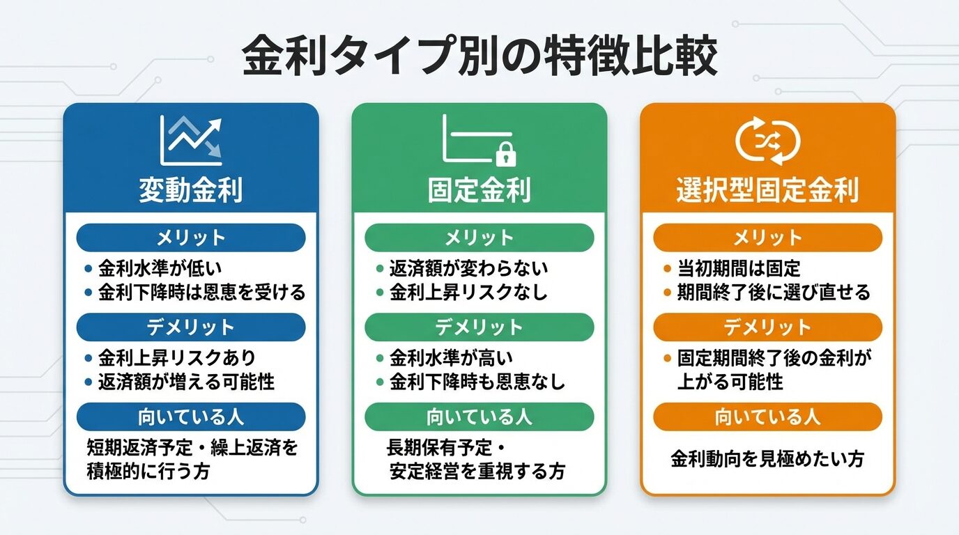 タイトル: 金利タイプ別の特徴比較。横並び3カードで: カード1（グラフ上下のアイコン）ヘッダー: 変動金利、メリット: 金利水準が低い。金利下降時は恩恵を受ける、デメリット: 金利上昇リスクあり。返済額が増える可能性、向いている人: 短期返済予定・繰上返済を積極的に行う方。カード2（固定線のアイコン）ヘッダー: 固定金利、メリット: 返済額が変わらない。金利上昇リスクなし、デメリット: 金利水準が高い。金利下降時も恩恵なし、向いている人: 長期保有予定・安定経営を重視する方。カード3（切替のアイコン）ヘッダー: 選択型固定金利、メリット: 当初期間は固定。期間終了後に選び直せる、デメリット: 固定期間終了後の金利が上がる可能性、向いている人: 金利動向を見極めたい方
