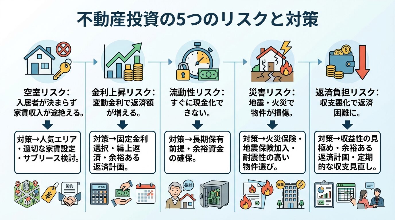 タイトル: 不動産投資の5つのリスクと対策。5つの項目を縦に並べたリスト形式で: 項目1（空室アイコン）空室リスク: 入居者が決まらず家賃収入が途絶える。対策&rarr;人気エリア・適切な家賃設定・サブリース検討。項目2（グラフ上昇アイコン）金利上昇リスク: 変動金利で返済額が増える。対策&rarr;固定金利選択・繰上返済・余裕ある返済計画。項目3（時計アイコン）流動性リスク: すぐに現金化できない。対策&rarr;長期保有前提・余裕資金の確保。項目4（災害アイコン）災害リスク: 地震・火災で物件が損傷。対策&rarr;火災保険・地震保険加入・耐震性の高い物件選び。項目5（お金アイコン）返済負担リスク: 収支悪化で返済困難に。対策&rarr;収益性の見極め・余裕ある返済計画・定期的な収支見直し