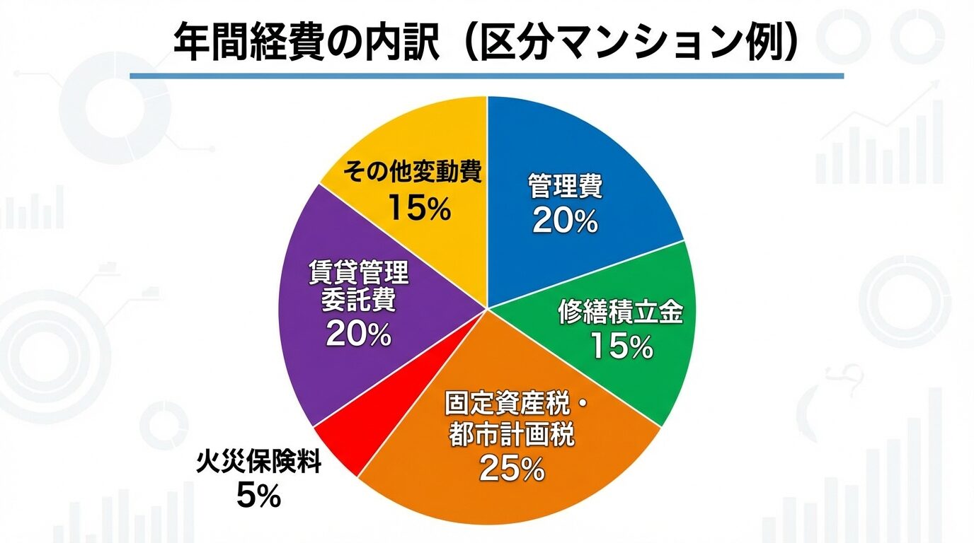 タイトル: 年間経費の内訳(区分マンション例)。円グラフで: 管理費20%、修繕積立金15%、固定資産税・都市計画税25%、火災保険料5%、賃貸管理委託費20%、その他変動費15%