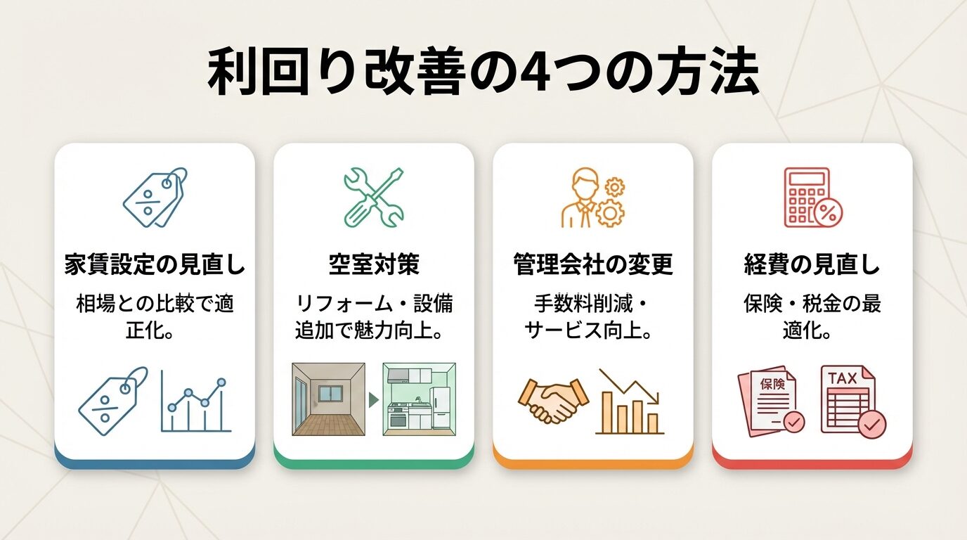 タイトル: 利回り改善の4つの方法。横並び4カードで: カード1(価格タグアイコン)ヘッダー: 家賃設定の見直し、説明: 相場との比較で適正化。カード2(工具アイコン)ヘッダー: 空室対策、説明: リフォーム・設備追加で魅力向上。カード3(人物アイコン)ヘッダー: 管理会社の変更、説明: 手数料削減・サービス向上。カード4(電卓アイコン)ヘッダー: 経費の見直し、説明: 保険・税金の最適化