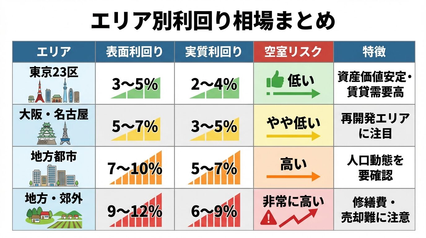 タイトル: エリア別利回り相場まとめ。5列の表: ヘッダー行: エリア | 表面利回り | 実質利回り | 空室リスク | 特徴。行1: 東京23区 | 3〜5% | 2〜4% | 低い | 資産価値安定・賃貸需要高。行2: 大阪・名古屋 | 5〜7% | 3〜5% | やや低い | 再開発エリアに注目。行3: 地方都市 | 7〜10% | 5〜7% | 高い | 人口動態を要確認。行4: 地方・郊外 | 9〜12% | 6〜9% | 非常に高い | 修繕費・売却難に注意