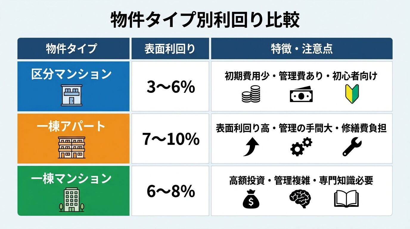 タイトル: 物件タイプ別利回り比較。3列の表: ヘッダー行: 物件タイプ | 表面利回り | 特徴・注意点。行1: 区分マンション | 3〜6% | 初期費用少・管理費あり・初心者向け。行2: 一棟アパート | 7〜10% | 表面利回り高・管理の手間大・修繕費負担。行3: 一棟マンション | 6〜8% | 高額投資・管理複雑・専門知識必要