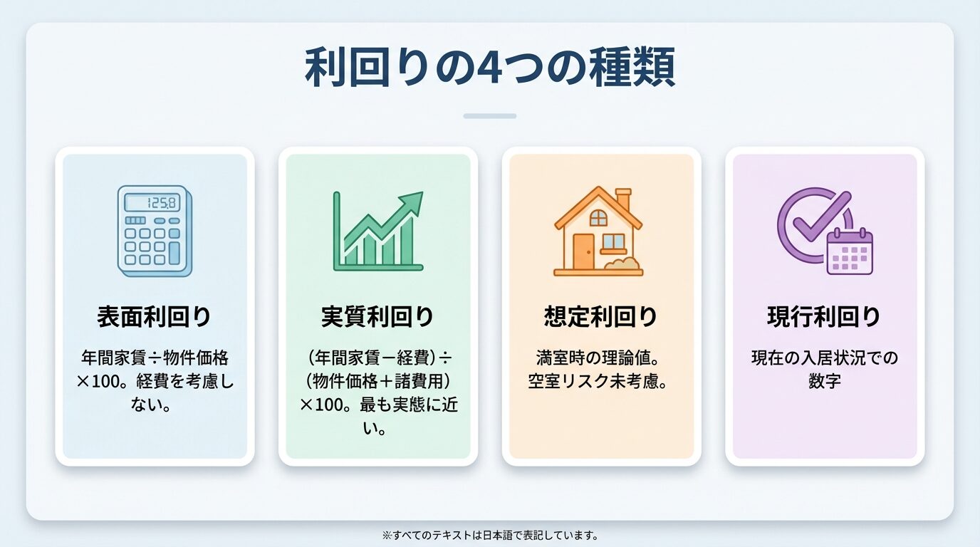 タイトル: 利回りの4つの種類。横並び4カードで: カード1(計算機のアイコン)ヘッダー: 表面利回り、説明: 年間家賃÷物件価格×100。経費を考慮しない。カード2(グラフのアイコン)ヘッダー: 実質利回り、説明: (年間家賃−経費)÷(物件価格+諸費用)×100。最も実態に近い。カード3(家のアイコン)ヘッダー: 想定利回り、説明: 満室時の理論値。空室リスク未考慮。カード4(チェックのアイコン)ヘッダー: 現行利回り、説明: 現在の入居状況での数字