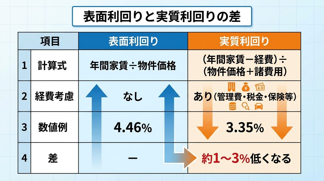 タイトル: 表面利回りと実質利回りの差。2列の比較表: ヘッダー行: 項目 | 表面利回り | 実質利回り。行1: 計算式 | 年間家賃÷物件価格 | (年間家賃−経費)÷(物件価格+諸費用)。行2: 経費考慮 | なし | あり(管理費・税金・保険等)。行3: 数値例 | 4.46% | 3.35%。行4: 差 | − | 約1〜3%低くなる