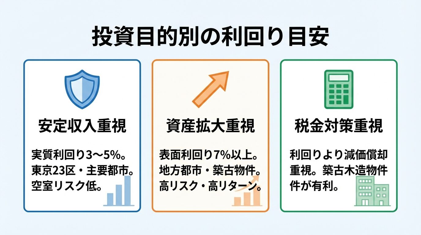 タイトル: 投資目的別の利回り目安。横並び3カードで: カード1(盾のアイコン)ヘッダー: 安定収入重視、説明: 実質利回り3〜5%。東京23区・主要都市。空室リスク低。カード2(上昇矢印のアイコン)ヘッダー: 資産拡大重視、説明: 表面利回り7%以上。地方都市・築古物件。高リスク・高リターン。カード3(電卓のアイコン)ヘッダー: 税金対策重視、説明: 利回りより減価償却重視。築古木造物件が有利
