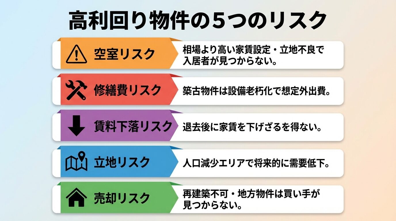 タイトル: 高利回り物件の5つのリスク。縦並び5カードで: カード1(警告アイコン)ヘッダー: 空室リスク、説明: 相場より高い家賃設定・立地不良で入居者が見つからない。カード2(工具アイコン)ヘッダー: 修繕費リスク、説明: 築古物件は設備老朽化で想定外出費。カード3(下降矢印アイコン)ヘッダー: 賃料下落リスク、説明: 退去後に家賃を下げざるを得ない。カード4(地図アイコン)ヘッダー: 立地リスク、説明: 人口減少エリアで将来的に需要低下。カード5(家アイコン)ヘッダー: 売却リスク、説明: 再建築不可・地方物件は買い手が見つからない