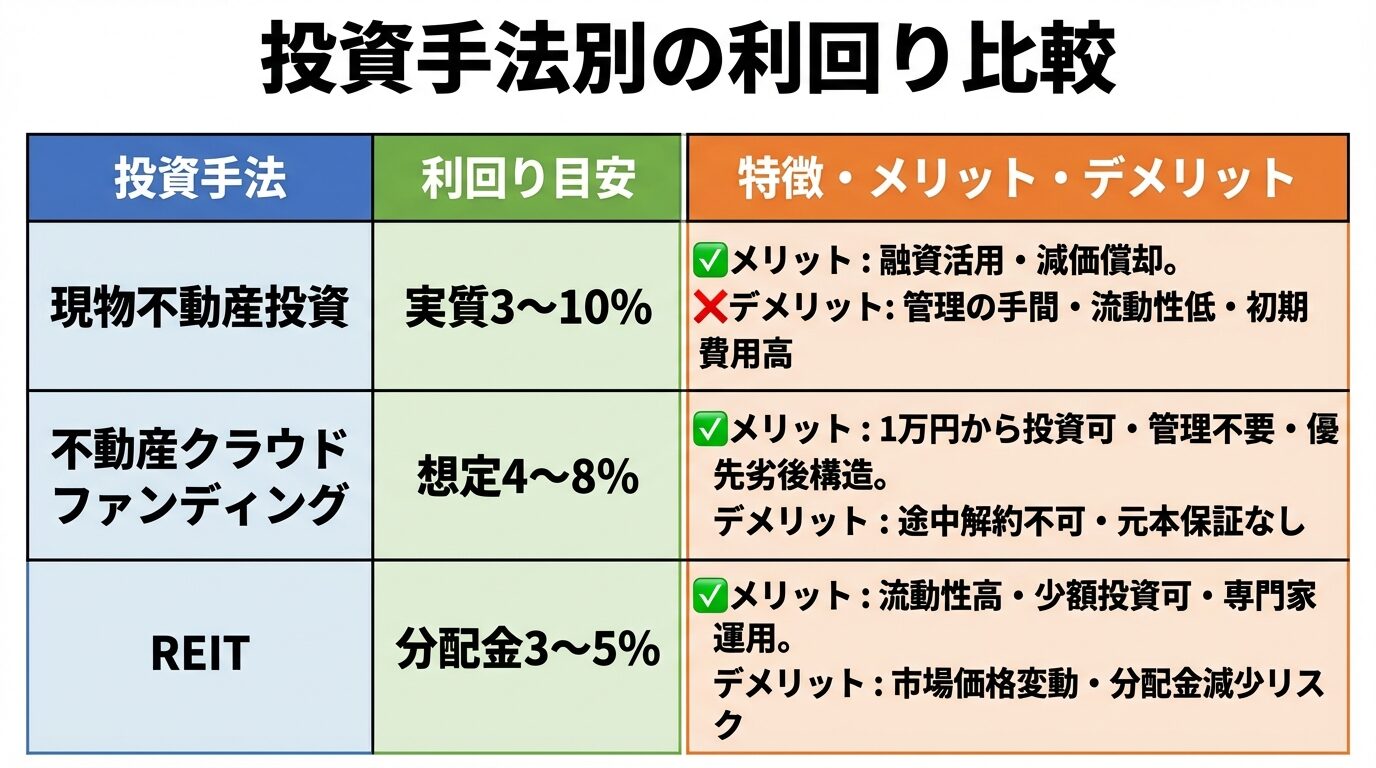 タイトル: 投資手法別の利回り比較。3列の表: ヘッダー行: 投資手法 | 利回り目安 | 特徴・メリット・デメリット。行1: 現物不動産投資 | 実質3〜10% | メリット: 融資活用・減価償却。デメリット: 管理の手間・流動性低・初期費用高。行2: 不動産クラウドファンディング | 想定4〜8% | メリット: 1万円から投資可・管理不要・優先劣後構造。デメリット: 途中解約不可・元本保証なし。行3: REIT | 分配金3〜5% | メリット: 流動性高・少額投資可・専門家運用。デメリット: 市場価格変動・分配金減少リスク