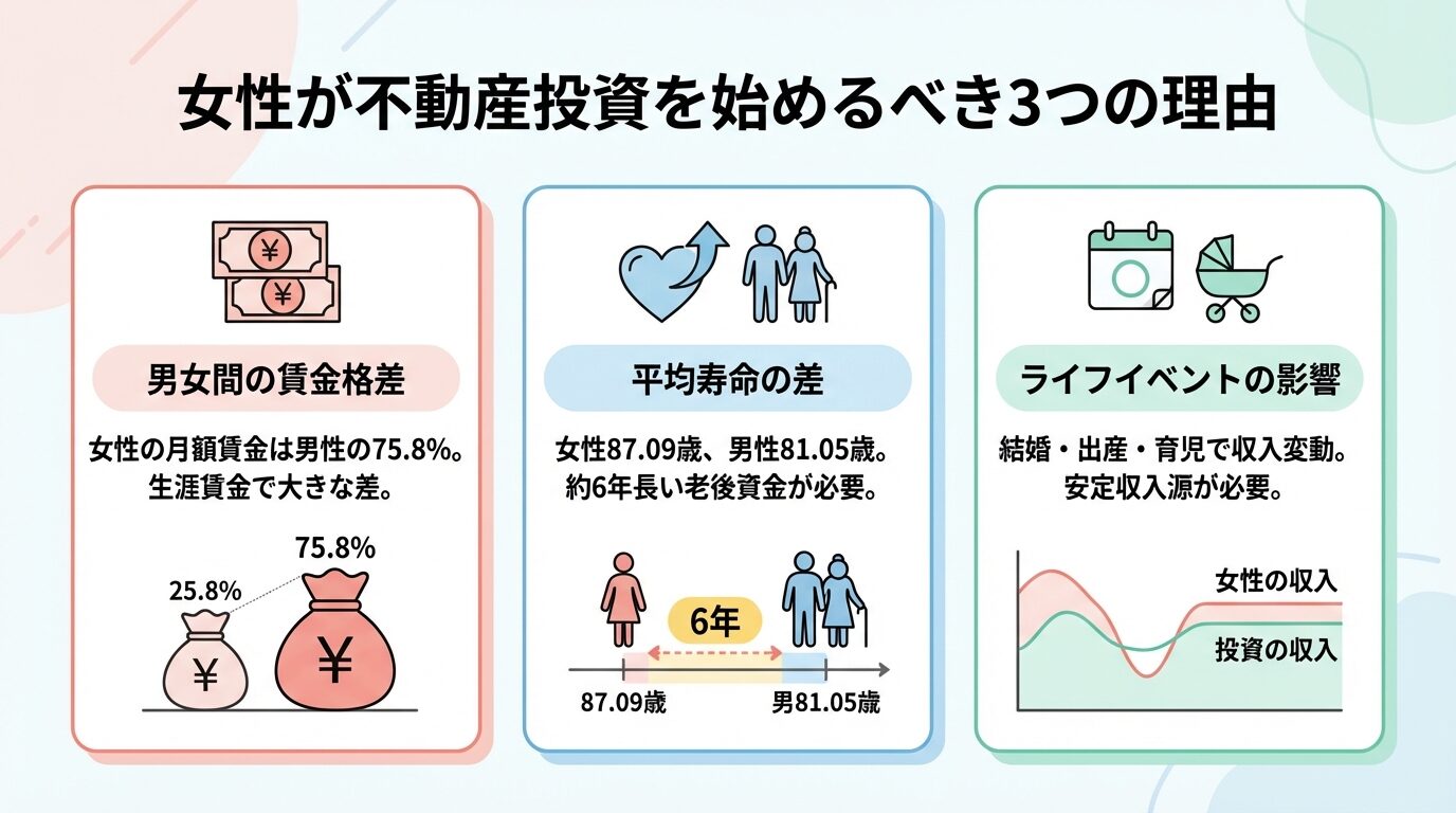 タイトル: 女性が不動産投資を始めるべき3つの理由。横並び3カードで: カード1(給料袋のアイコン)ヘッダー: 男女間の賃金格差、説明: 女性の月額賃金は男性の75.8%。生涯賃金で大きな差。カード2(ハートと長寿のアイコン)ヘッダー: 平均寿命の差、説明: 女性87.09歳、男性81.05歳。約6年長い老後資金が必要。カード3(カレンダーとベビーカーのアイコン)ヘッダー: ライフイベントの影響、説明: 結婚・出産・育児で収入変動。安定収入源が必要