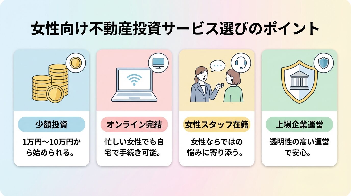 タイトル: 女性向け不動産投資サービス選びのポイント。横並び4カードで: カード1(コインのアイコン)ヘッダー: 少額投資、説明: 1万円〜10万円から始められる。カード2(パソコンのアイコン)ヘッダー: オンライン完結、説明: 忙しい女性でも自宅で手続き可能。カード3(サポートのアイコン)ヘッダー: 女性スタッフ在籍、説明: 女性ならではの悩みに寄り添う。カード4(盾のアイコン)ヘッダー: 上場企業運営、説明: 透明性の高い運営で安心