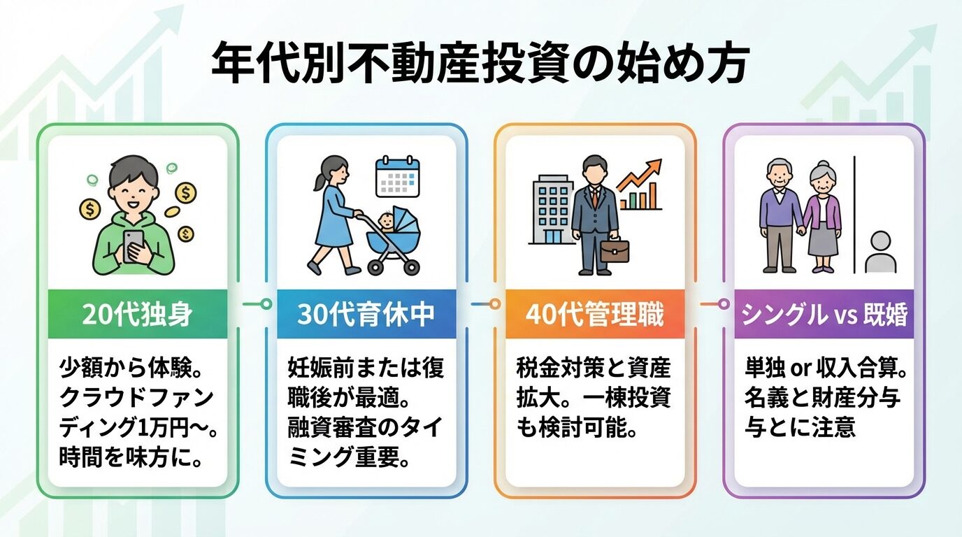 タイトル: 年代別不動産投資の始め方。横並び4カードで: カード1(20代のアイコン)ヘッダー: 20代独身、説明: 少額から体験。クラウドファンディング1万円〜。時間を味方に。カード2(30代のアイコン)ヘッダー: 30代育休中、説明: 妊娠前または復職後が最適。融資審査のタイミング重要。カード3(40代のアイコン)ヘッダー: 40代管理職、説明: 税金対策と資産拡大。一棟投資も検討可能。カード4(シニアのアイコン)ヘッダー: シングル vs 既婚、説明: 単独 or 収入合算。名義と財産分与に注意