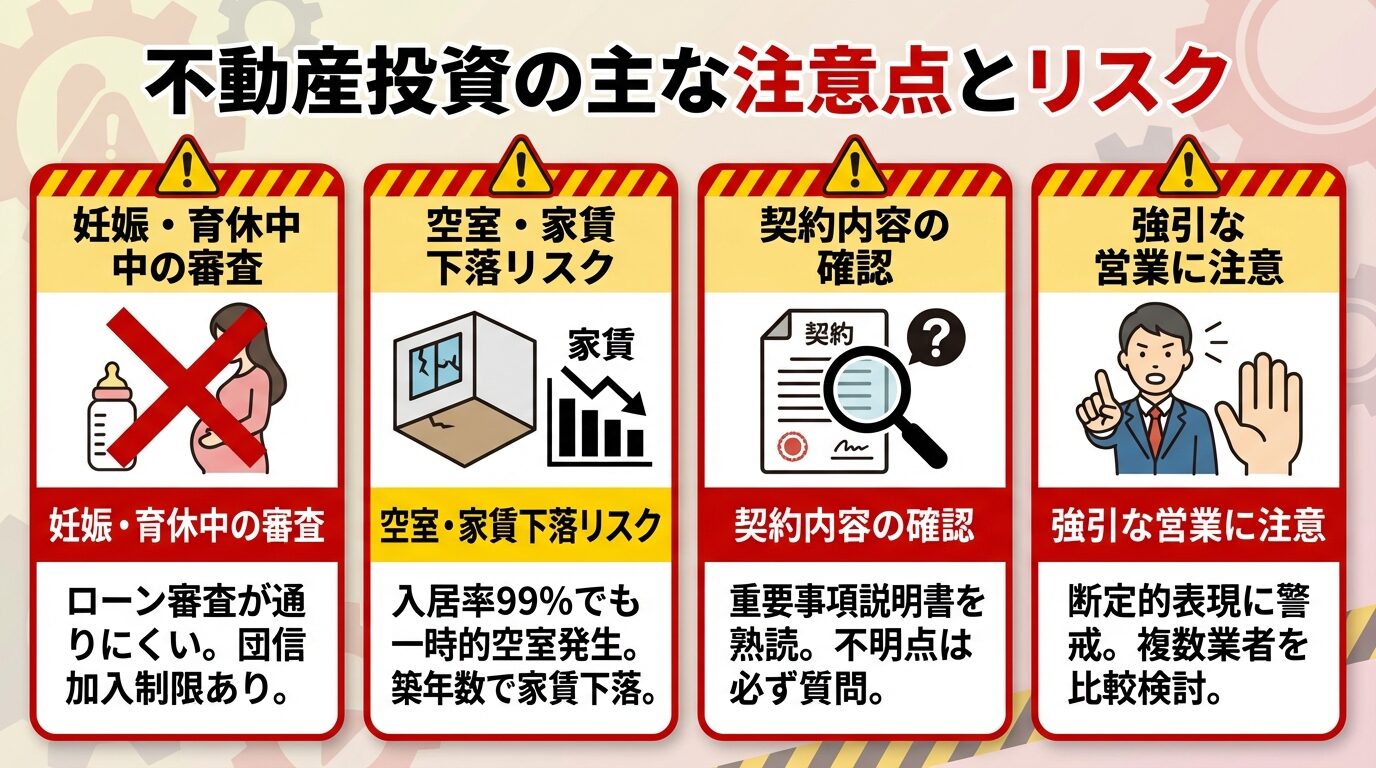 タイトル: 不動産投資の主な注意点とリスク。縦に並ぶ4つの警告カードで: カード1(妊婦マークと×印のアイコン)ヘッダー: 妊娠・育休中の審査、説明: ローン審査が通りにくい。団信加入制限あり。カード2(空室のアイコン)ヘッダー: 空室・家賃下落リスク、説明: 入居率99%でも一時的空室発生。築年数で家賃下落。カード3(契約書と虫眼鏡のアイコン)ヘッダー: 契約内容の確認、説明: 重要事項説明書を熟読。不明点は必ず質問。カード4(営業マンと断るアイコン)ヘッダー: 強引な営業に注意、説明: 断定的表現に警戒。複数業者を比較検討