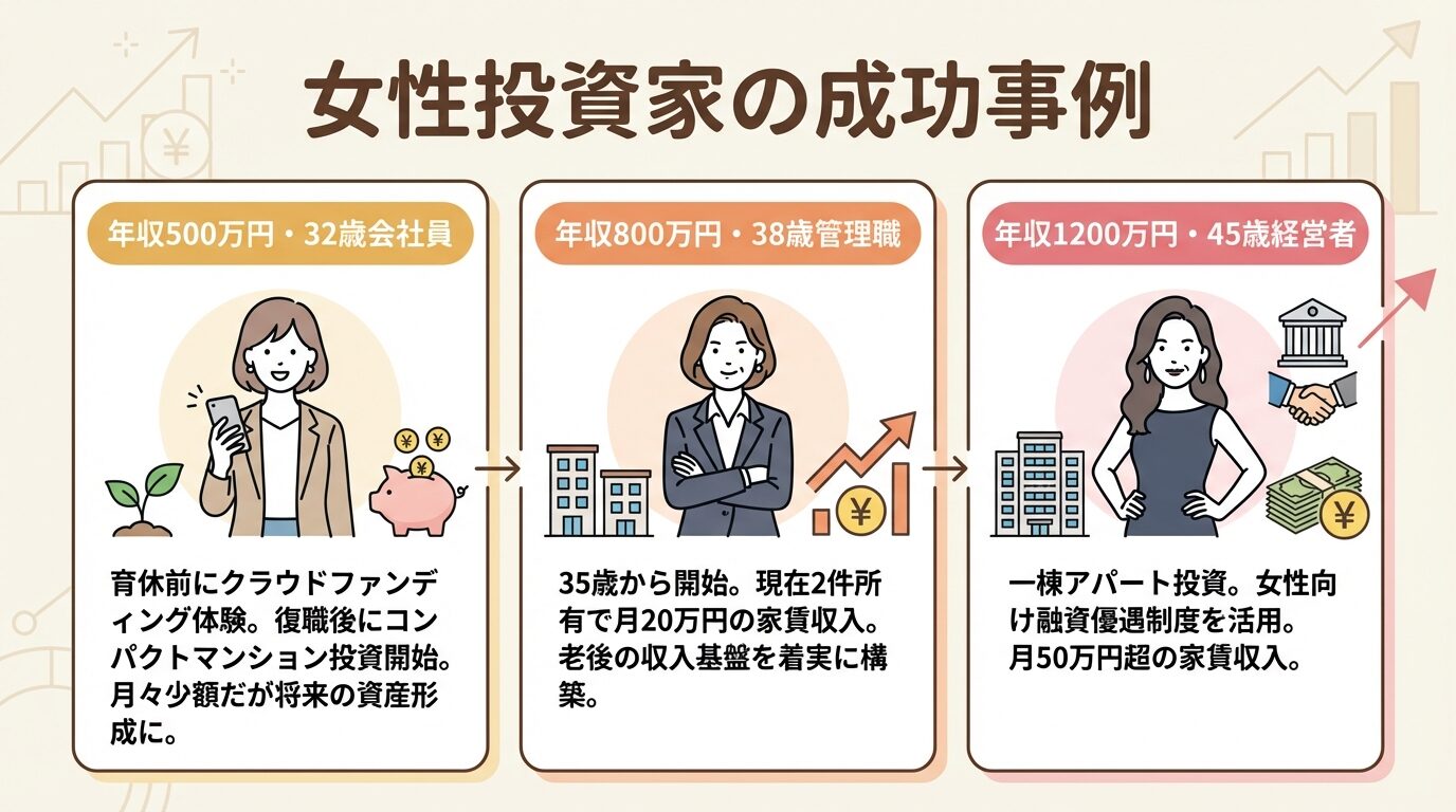 タイトル: 女性投資家の成功事例。横並び3カードで: カード1(32歳女性のアイコン)ヘッダー: 年収500万円・32歳会社員、説明: 育休前にクラウドファンディング体験。復職後にコンパクトマンション投資開始。月々少額だが将来の資産形成に。カード2(38歳女性のアイコン)ヘッダー: 年収800万円・38歳管理職、説明: 35歳から開始。現在2件所有で月20万円の家賃収入。老後の収入基盤を着実に構築。カード3(45歳女性のアイコン)ヘッダー: 年収1200万円・45歳経営者、説明: 一棟アパート投資。女性向け融資優遇制度を活用。月50万円超の家賃収入