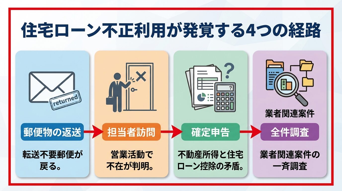 タイトル: 住宅ローン不正利用が発覚する4つの経路。横並び4カードで: カード1（封筒アイコン）ヘッダー: 郵便物の返送、説明: 転送不要郵便が戻る。カード2（人物訪問アイコン）ヘッダー: 担当者訪問、説明: 営業活動で不在が判明。カード3（書類アイコン）ヘッダー: 確定申告、説明: 不動産所得と住宅ローン控除の矛盾。カード4（虫眼鏡アイコン）ヘッダー: 全件調査、説明: 業者関連案件の一斉調査
