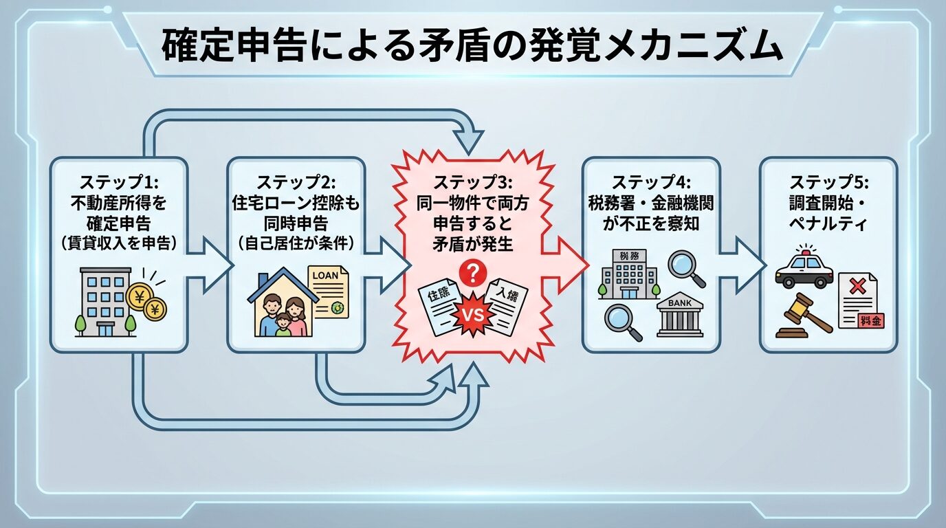 タイトル: 確定申告による矛盾の発覚メカニズム。フロー図: ステップ1: 不動産所得を確定申告（賃貸収入を申告）&rarr; ステップ2: 住宅ローン控除も同時申告（自己居住が条件）&rarr; ステップ3: 同一物件で両方申告すると矛盾が発生 &rarr; ステップ4: 税務署・金融機関が不正を察知 &rarr; ステップ5: 調査開始・ペナルティ