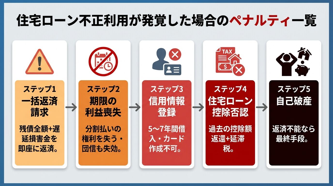 タイトル: 住宅ローン不正利用が発覚した場合のペナルティ一覧。縦並び5ステップで: ステップ1（警告アイコン）一括返済請求: 残債全額+遅延損害金を即座に返済。ステップ2（禁止アイコン）期限の利益喪失: 分割払いの権利を失う・団信も失効。ステップ3（ブラックリストアイコン）信用情報登録: 5〜7年間借入・カード作成不可。ステップ4（税金アイコン）住宅ローン控除否認: 過去の控除額返還+延滞税。ステップ5（破産アイコン）自己破産: 返済不能なら最終手段
