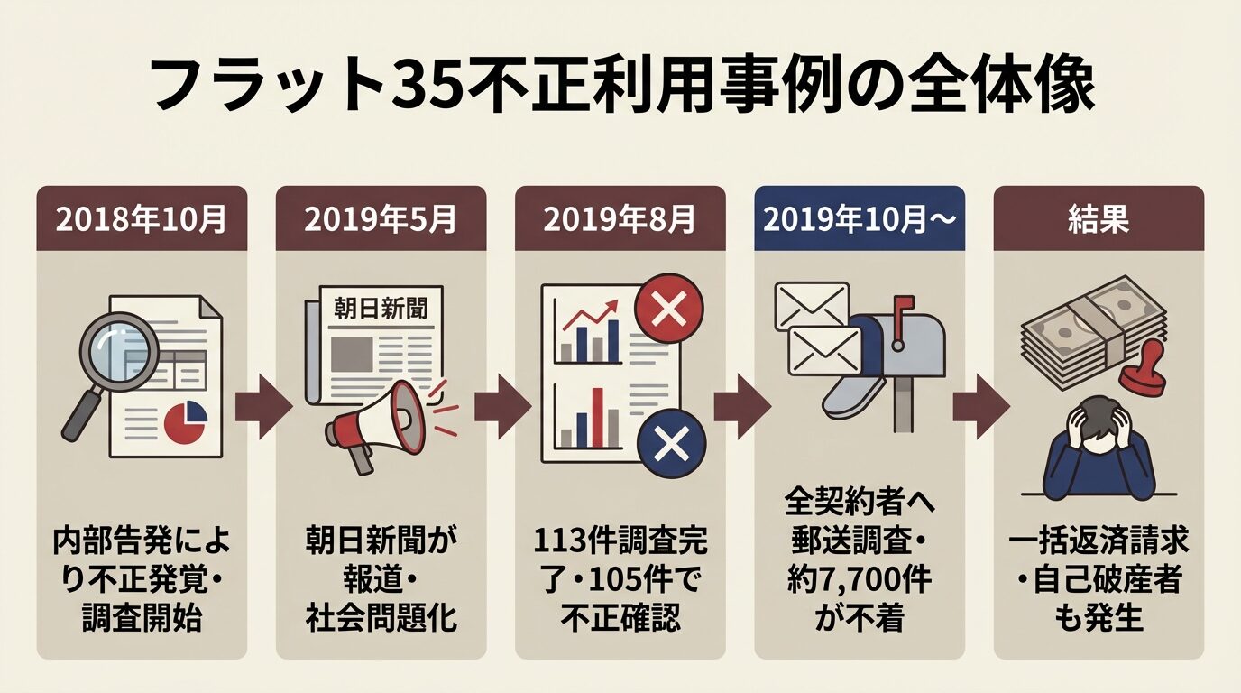 タイトル: フラット35不正利用事例の全体像。タイムライン形式で: 2018年10月: 内部告発により不正発覚・調査開始 &rarr; 2019年5月: 朝日新聞が報道・社会問題化 &rarr; 2019年8月: 113件調査完了・105件で不正確認 &rarr; 2019年10月〜: 全契約者へ郵送調査・約7,700件が不着 &rarr; 結果: 一括返済請求・自己破産者も発生