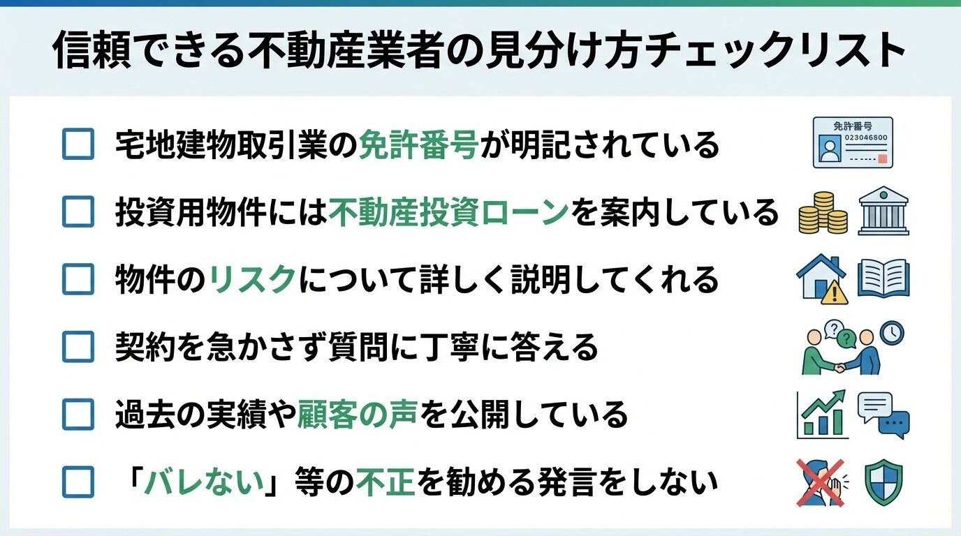 タイトル: 信頼できる不動産業者の見分け方チェックリスト。チェックボックス形式で: □ 宅地建物取引業の免許番号が明記されている、□ 投資用物件には不動産投資ローンを案内している、□ 物件のリスクについて詳しく説明してくれる、□ 契約を急かさず質問に丁寧に答える、□ 過去の実績や顧客の声を公開している、□ 「バレない」等の不正を勧める発言をしない