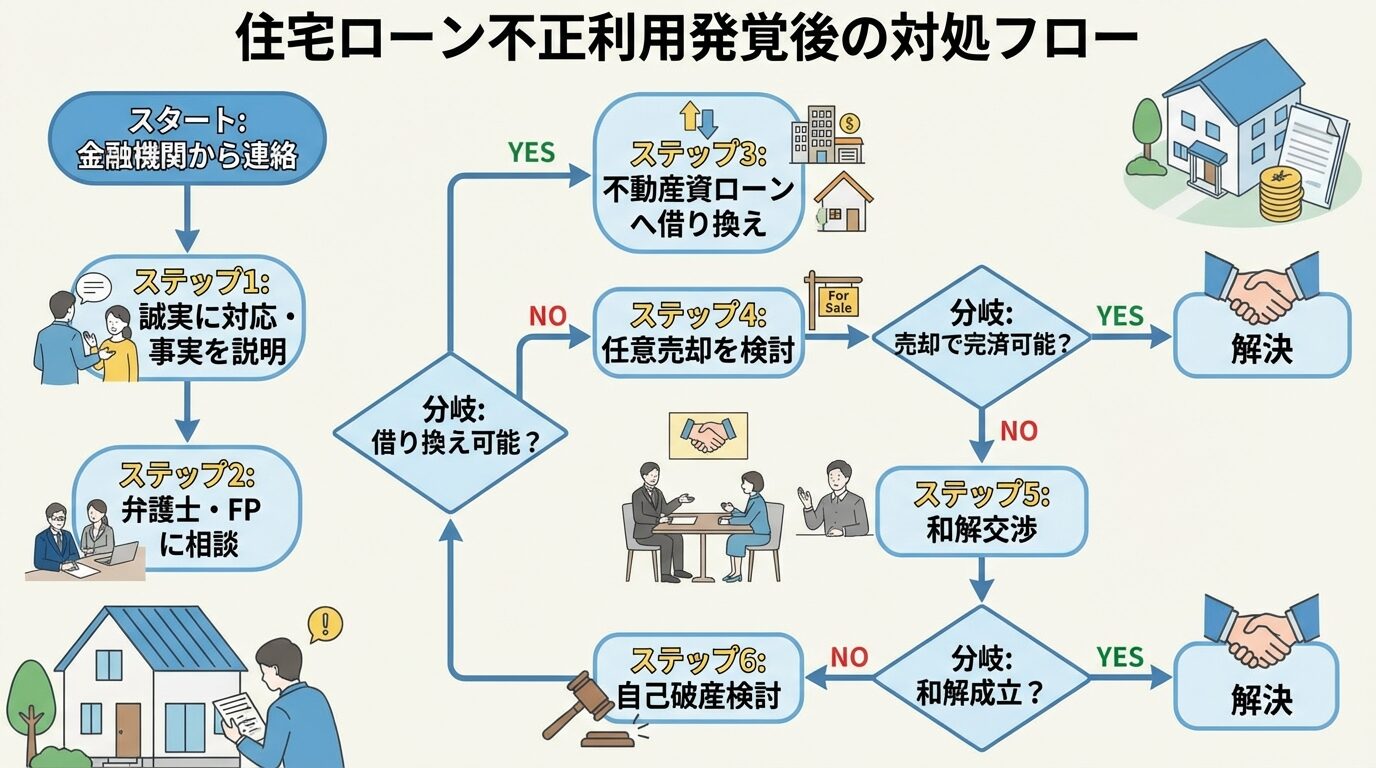 タイトル: 住宅ローン不正利用発覚後の対処フロー。縦並びフローチャートで: スタート: 金融機関から連絡 &rarr; ステップ1: 誠実に対応・事実を説明 &rarr; ステップ2: 弁護士・FPに相談 &rarr; 分岐: 借り換え可能? YES&rarr;ステップ3: 不動産投資ローンへ借り換え、NO&rarr;ステップ4: 任意売却を検討 &rarr; 分岐: 売却で完済可能? YES&rarr;解決、NO&rarr;ステップ5: 和解交渉 &rarr; 分岐: 和解成立? YES&rarr;解決、NO&rarr;ステップ6: 自己破産検討