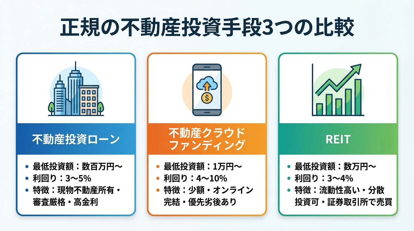 タイトル: 正規の不動産投資手段3つの比較。横並び3カードで: カード1（ビルアイコン）ヘッダー: 不動産投資ローン、最低投資額: 数百万円〜、利回り: 3〜5%、特徴: 現物不動産所有・審査厳格・高金利。カード2（スマホアイコン）ヘッダー: 不動産クラウドファンディング、最低投資額: 1万円〜、利回り: 4〜10%、特徴: 少額・オンライン完結・優先劣後あり。カード3（グラフアイコン）ヘッダー: REIT、最低投資額: 数万円〜、利回り: 3〜4%、特徴: 流動性高い・分散投資可・証券取引所で売買