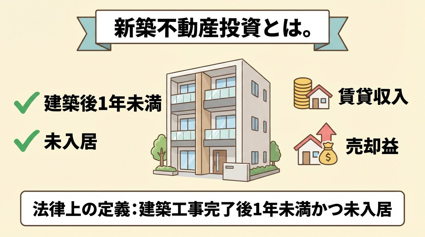 タイトル: 新築不動産投資とは。中央に新築マンションのイラスト、左側に「建築後1年未満」「未入居」のチェックマーク、右側に「賃貸収入」「売却益」のアイコン。下部に「法律上の定義: 建築工事完了後1年未満かつ未入居」のテキスト