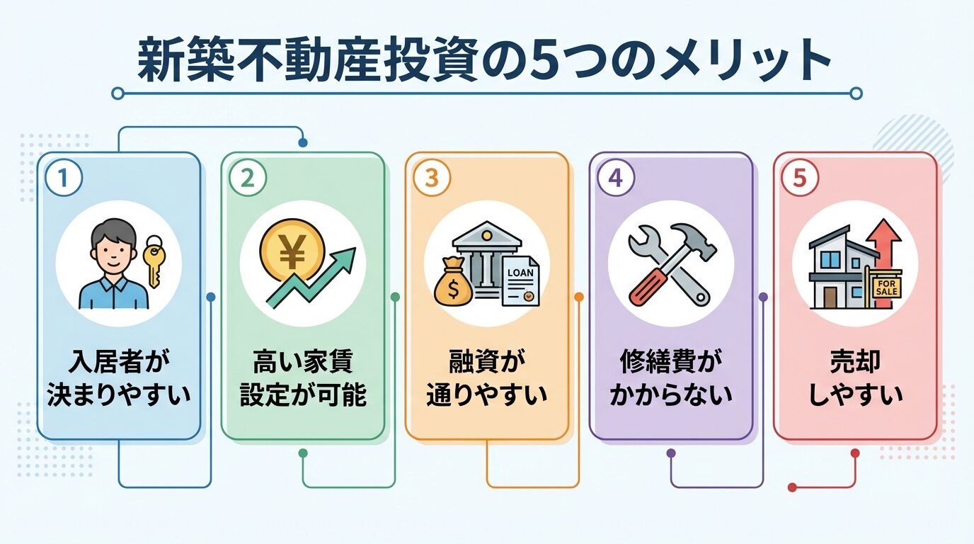 タイトル: 新築不動産投資の5つのメリット。横並び5カードで: カード1（人物アイコン）入居者が決まりやすい、カード2（円マーク）高い家賃設定が可能、カード3（銀行アイコン）融資が通りやすい、カード4（工具アイコン）修繕費がかからない、カード5（家アイコン）売却しやすい